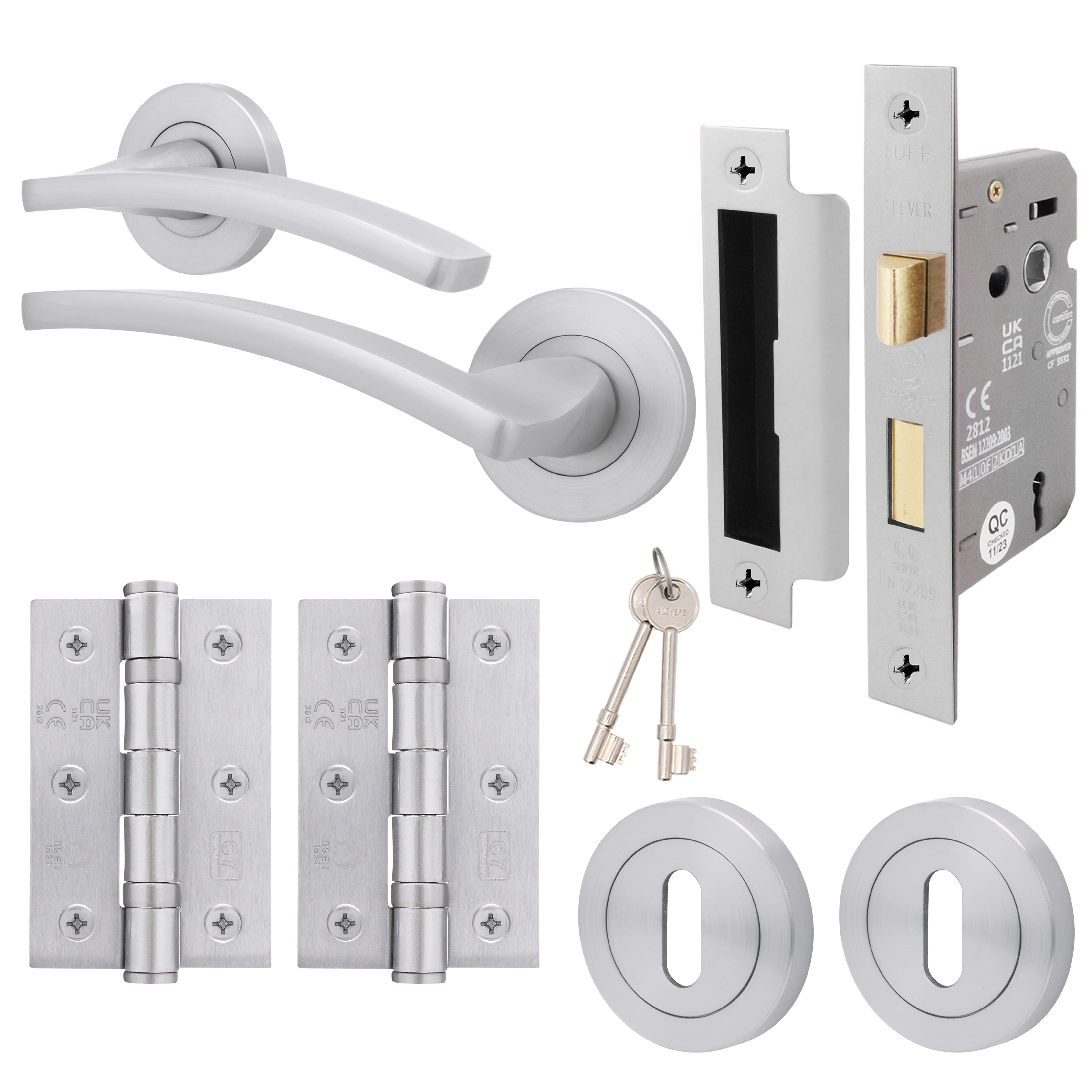 Euroda-Plus Satin Chrome Lever on Rose Door Handle Pack - 3 Lever Lock