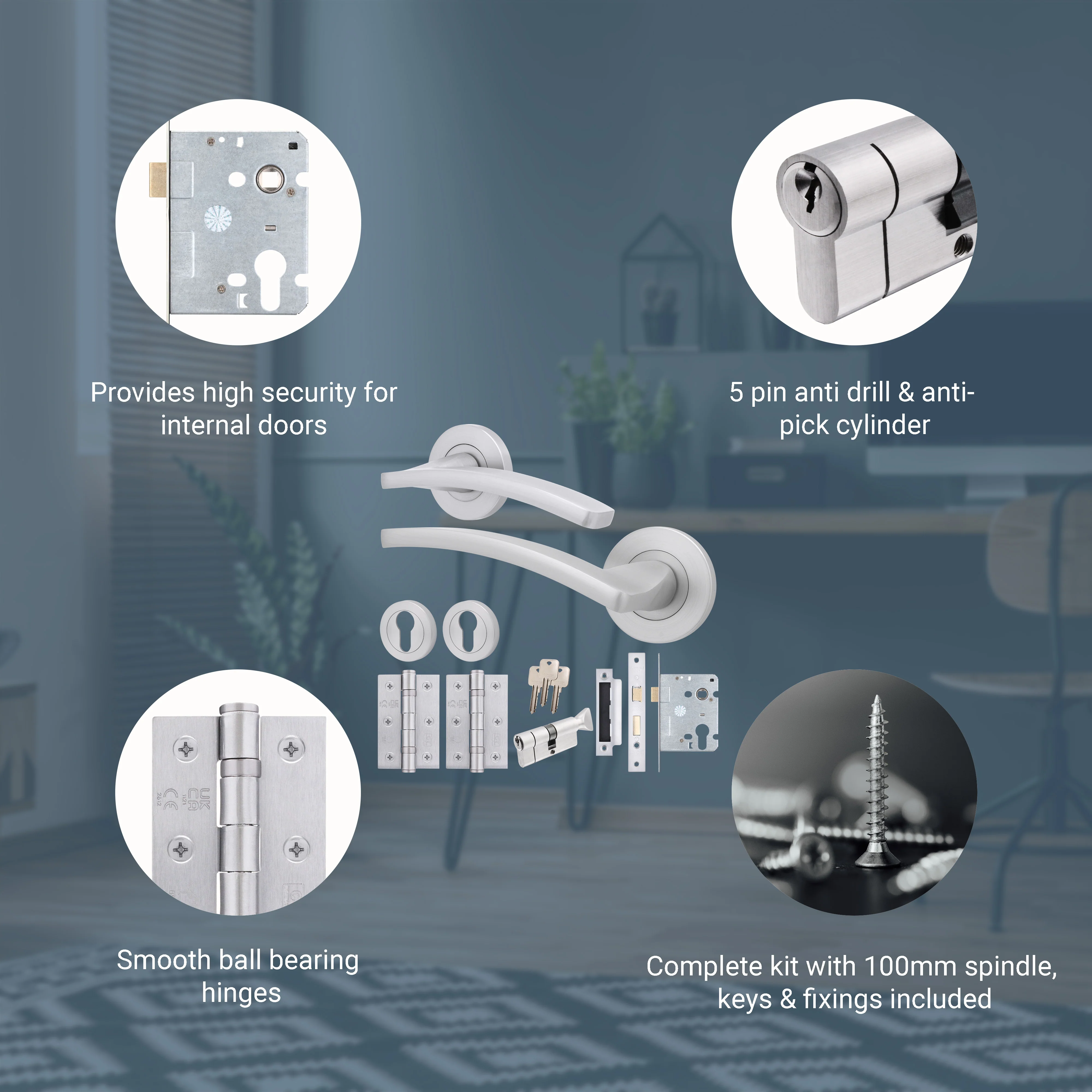 Euroda-Plus Satin Chrome Lever on Rose Door Handle Pack - 3 Lever Lock & Thumbturn Cylinder - Image 3