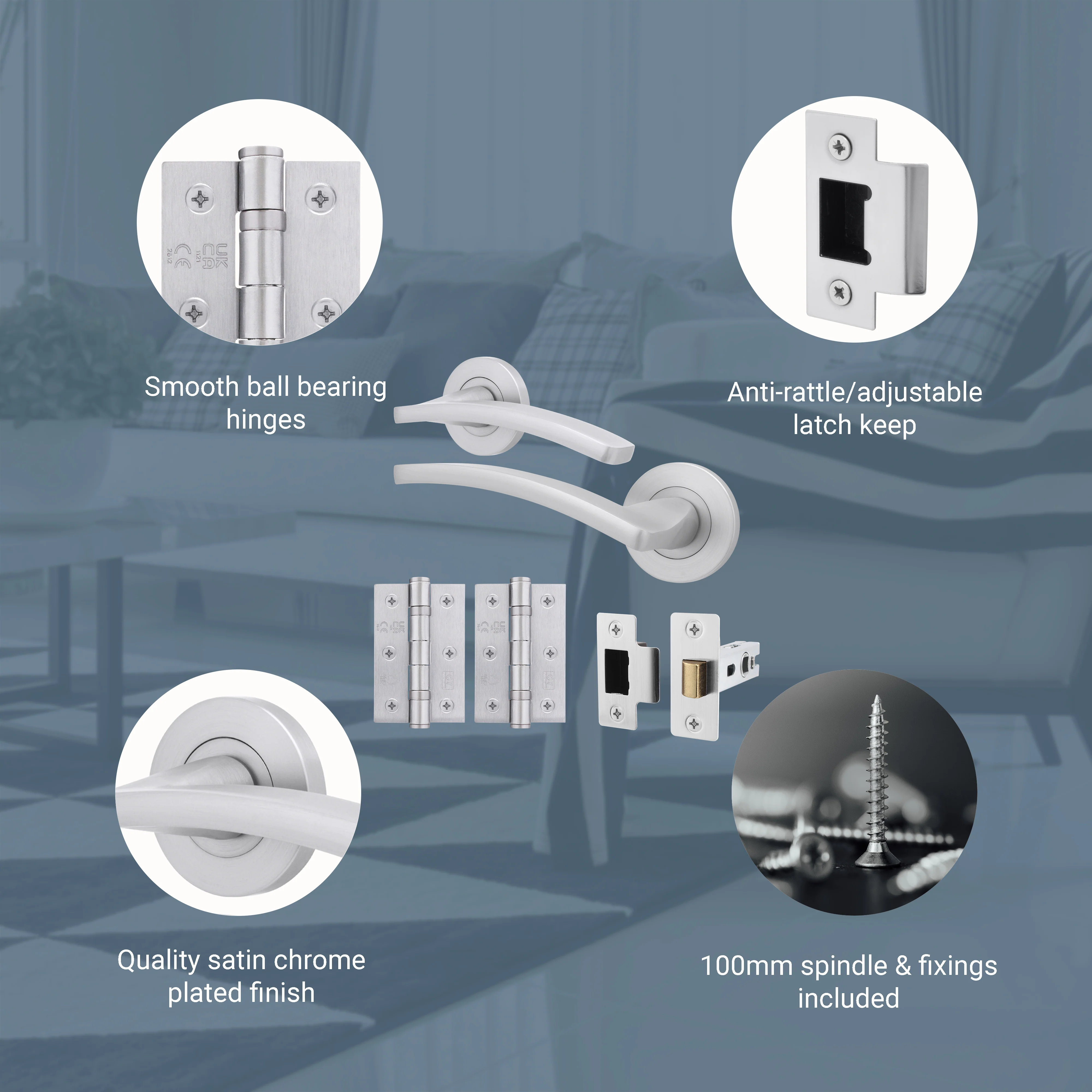 Euroda-Plus Satin Chrome Lever on Rose Door Handle Pack - Latch - Image 3