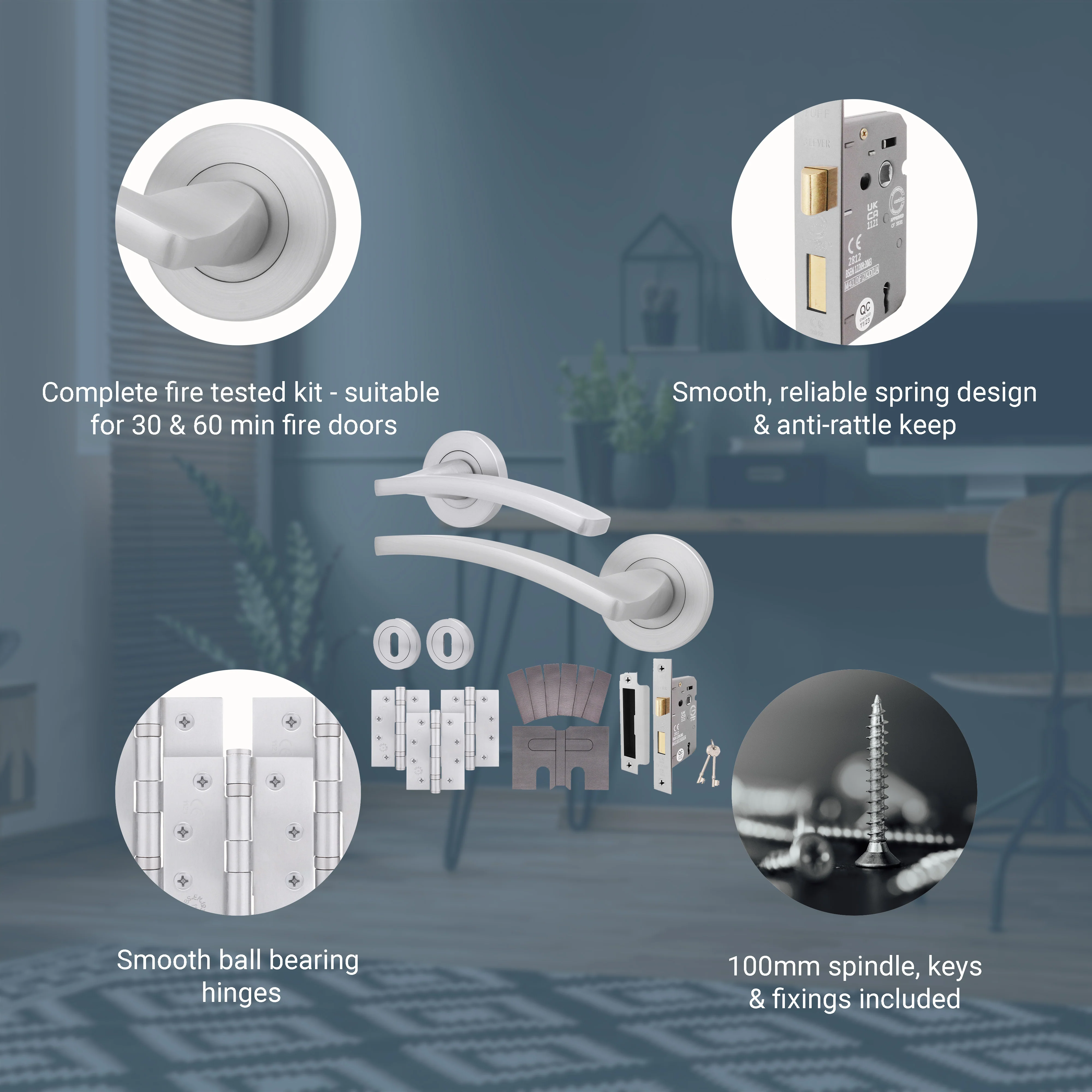 Euroda-Plus Satin Chrome Lever on Rose Fire Door Handle Pack - 3 Lever Lock - FD30/60 - Image 3