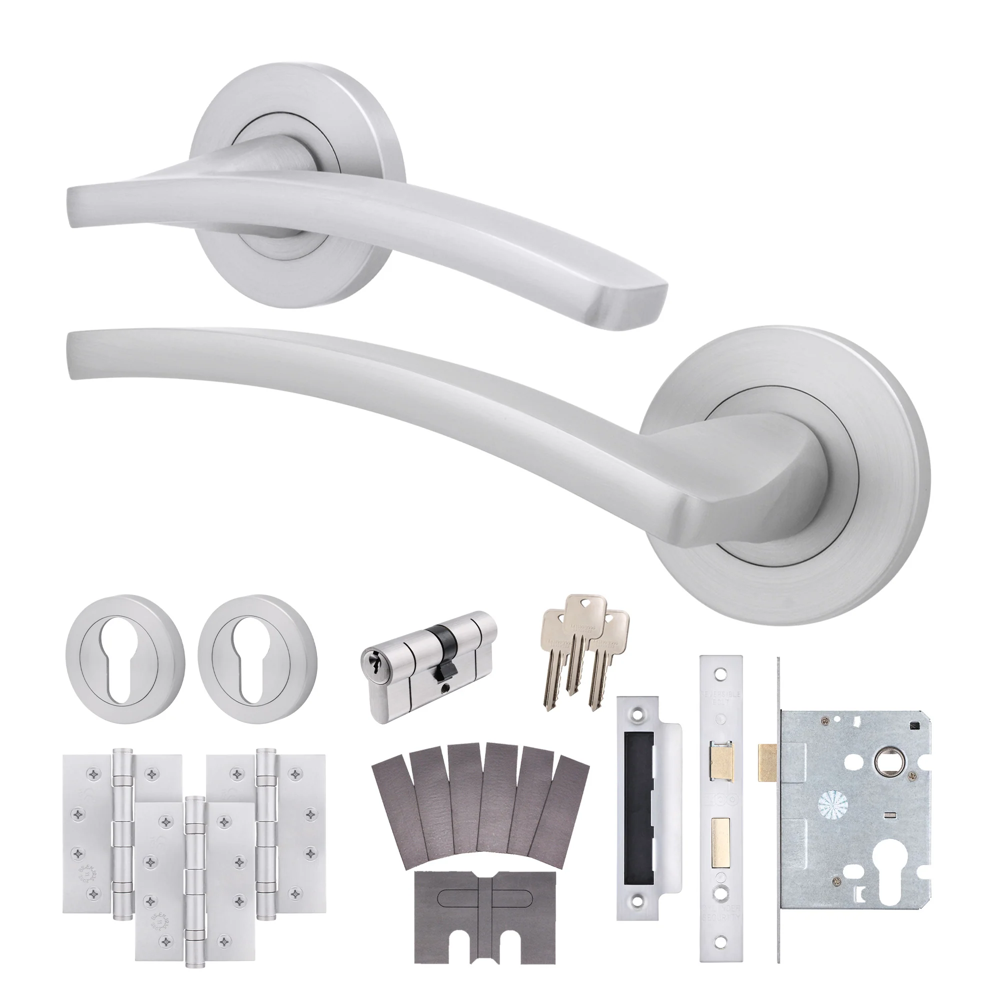 Euroda-Plus Satin Chrome Lever on Rose Fire Door Handle Pack - Euro Lock & Cylinder - FD30/60