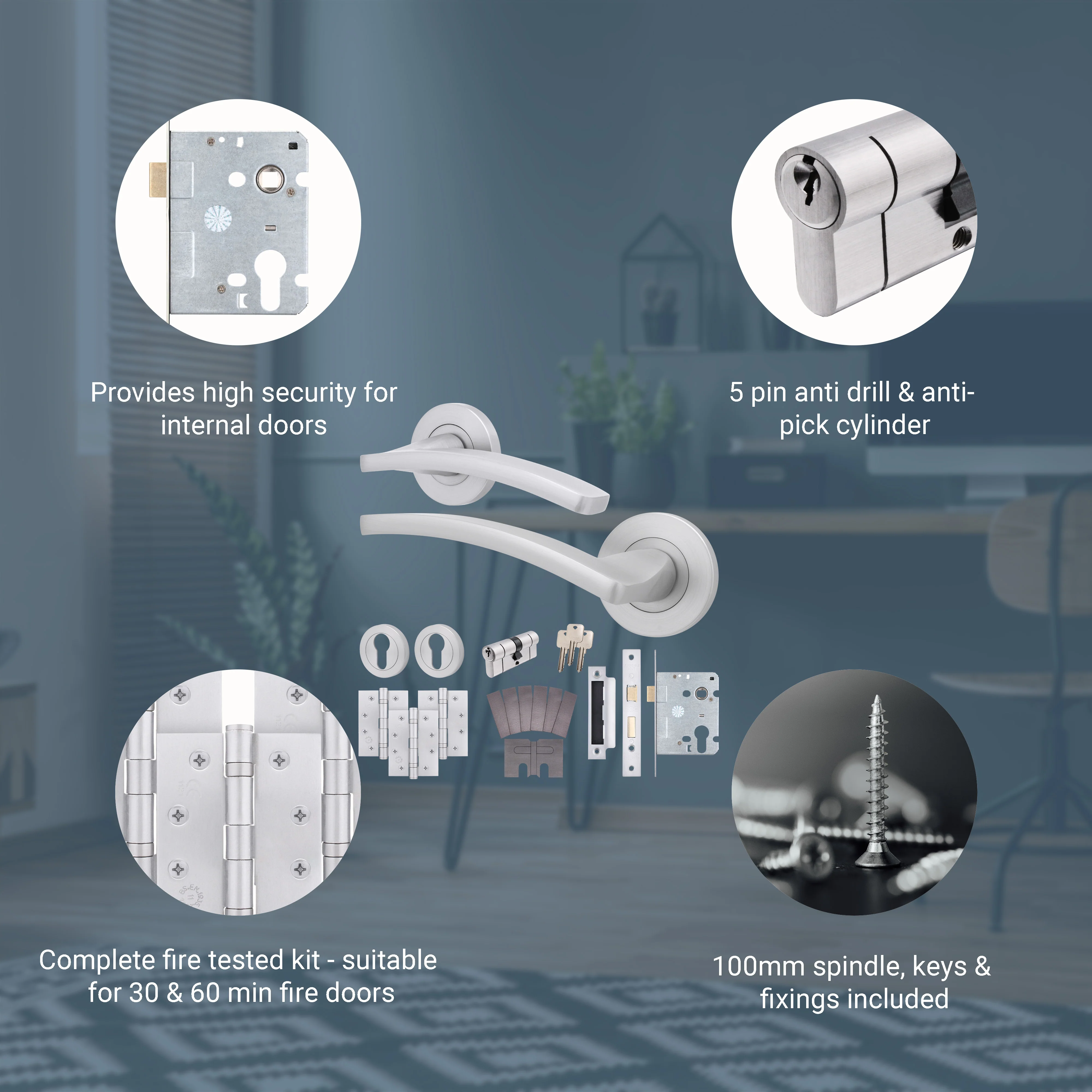 Euroda-Plus Satin Chrome Lever on Rose Fire Door Handle Pack - Euro Lock & Cylinder - FD30/60 - Image 3