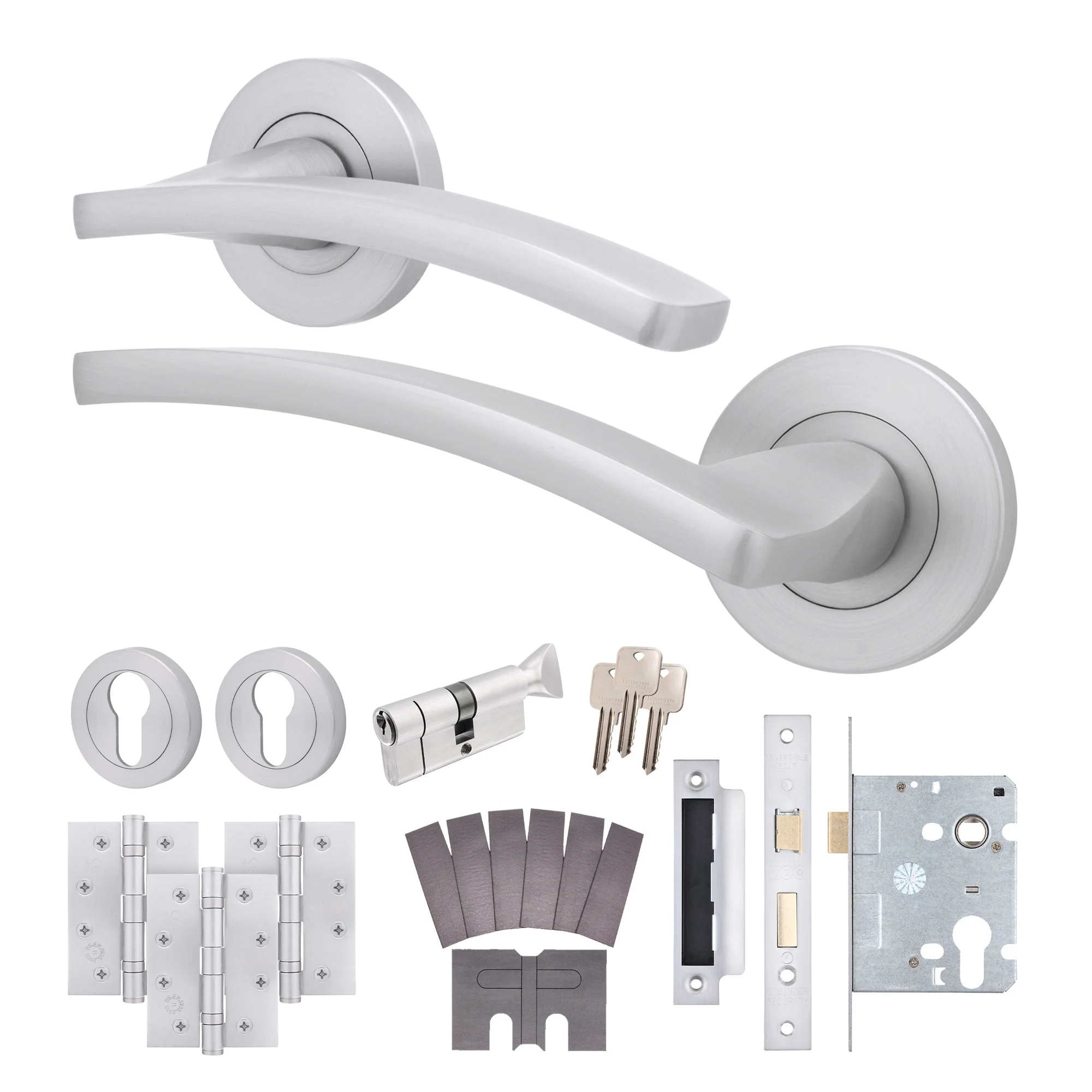 Euroda-Plus Satin Chrome Lever on Rose Fire Door Handle Pack - Euro Lock & Thumbturn Cylinder