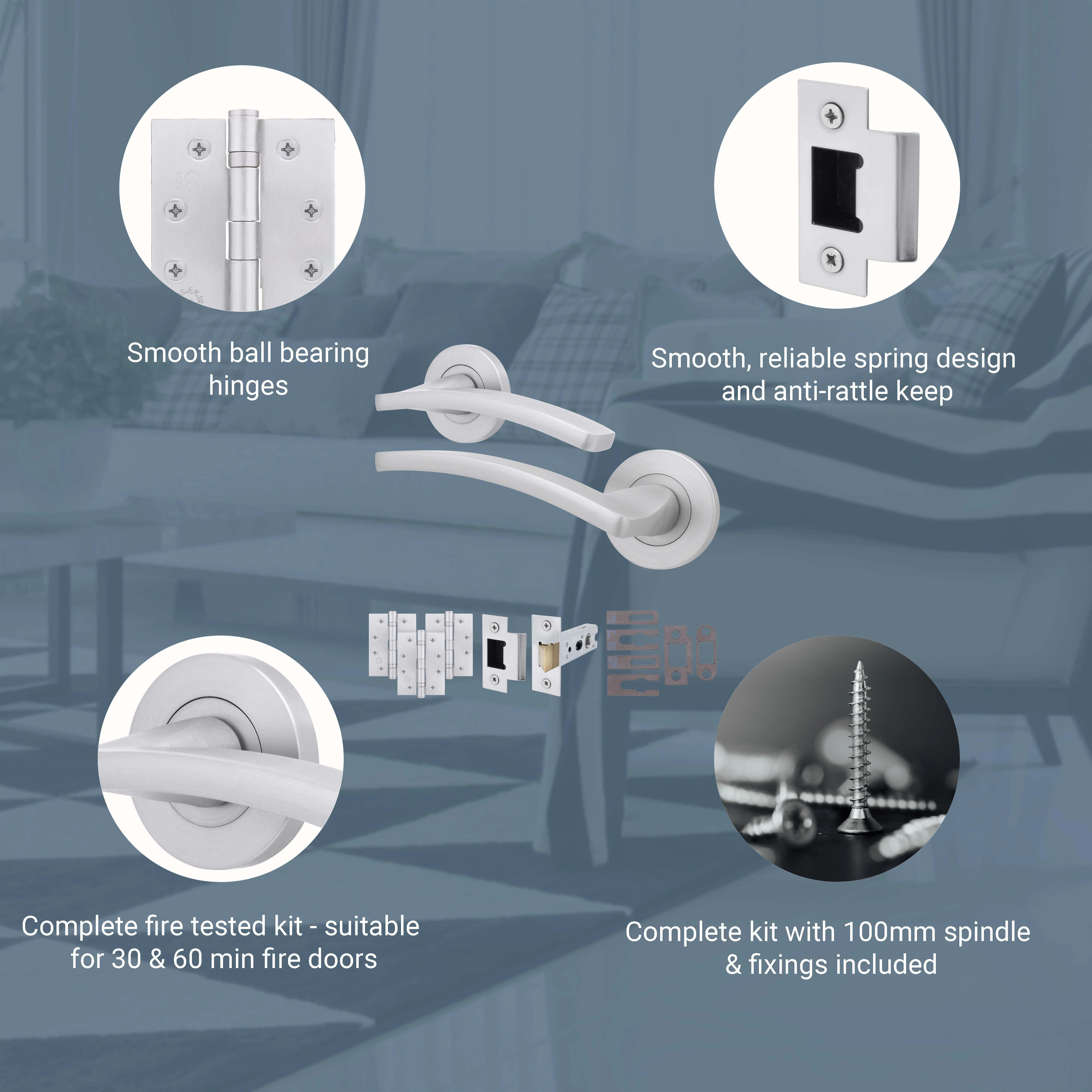 Euroda-Plus Satin Chrome Lever on Rose Fire Door Handle Pack - Latch - FD30/60 - Image 3