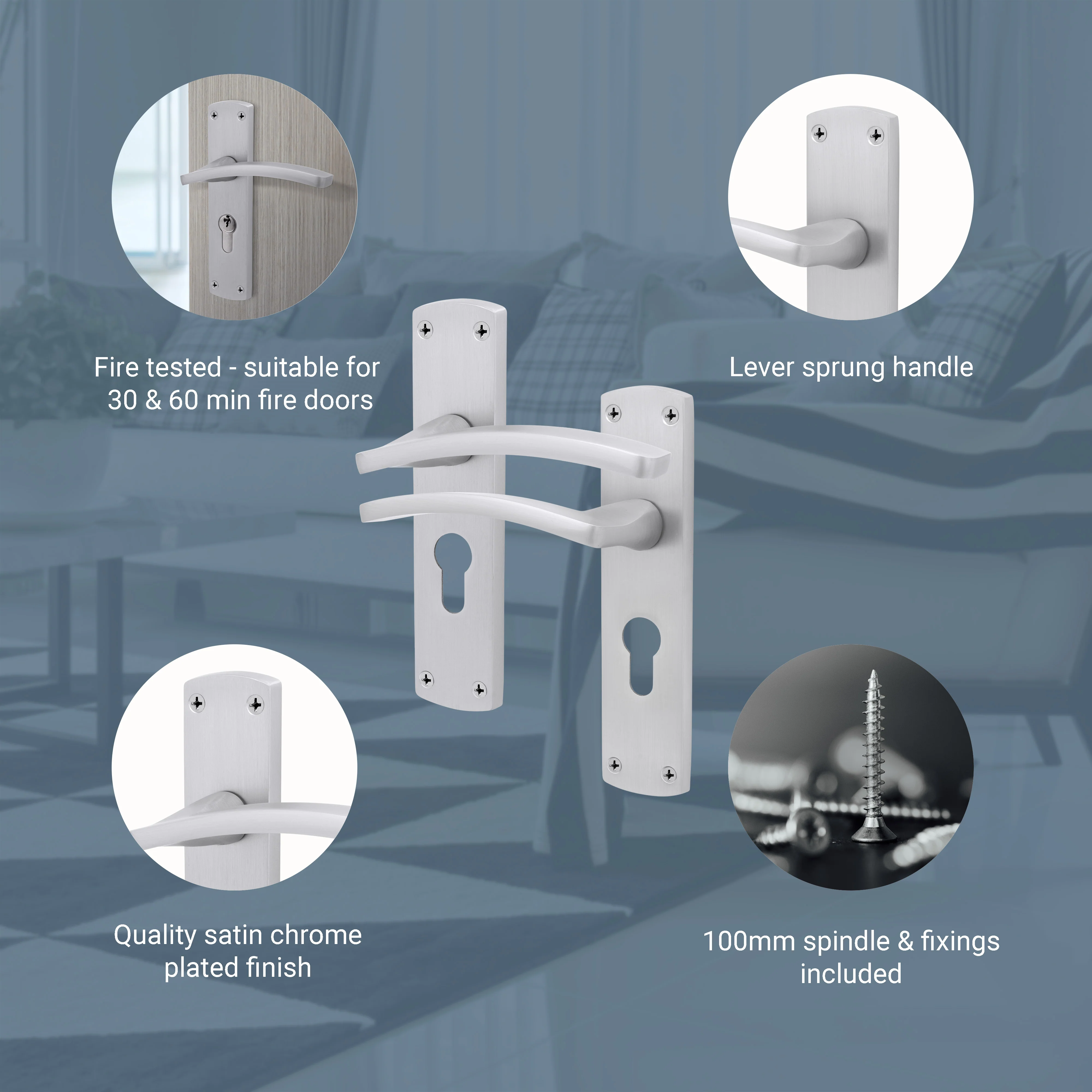 Euroda-Plus Satin Chrome Lever Lock Fire Door Handles - Euro - FD30/60 - Image 3