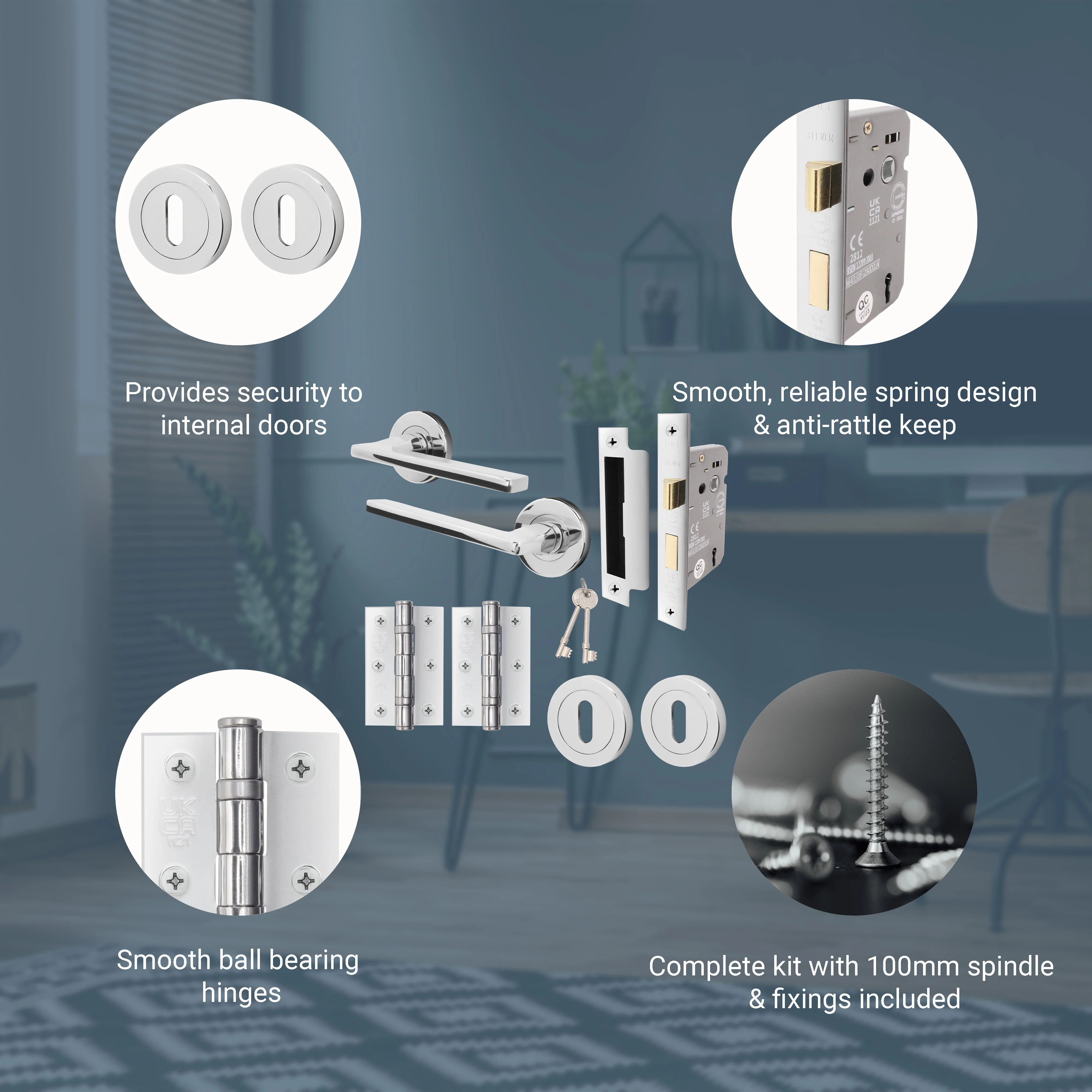 Euroda Polished Chrome Lever on Rose Door Handle Pack - 3 Lever Lock - Image 3