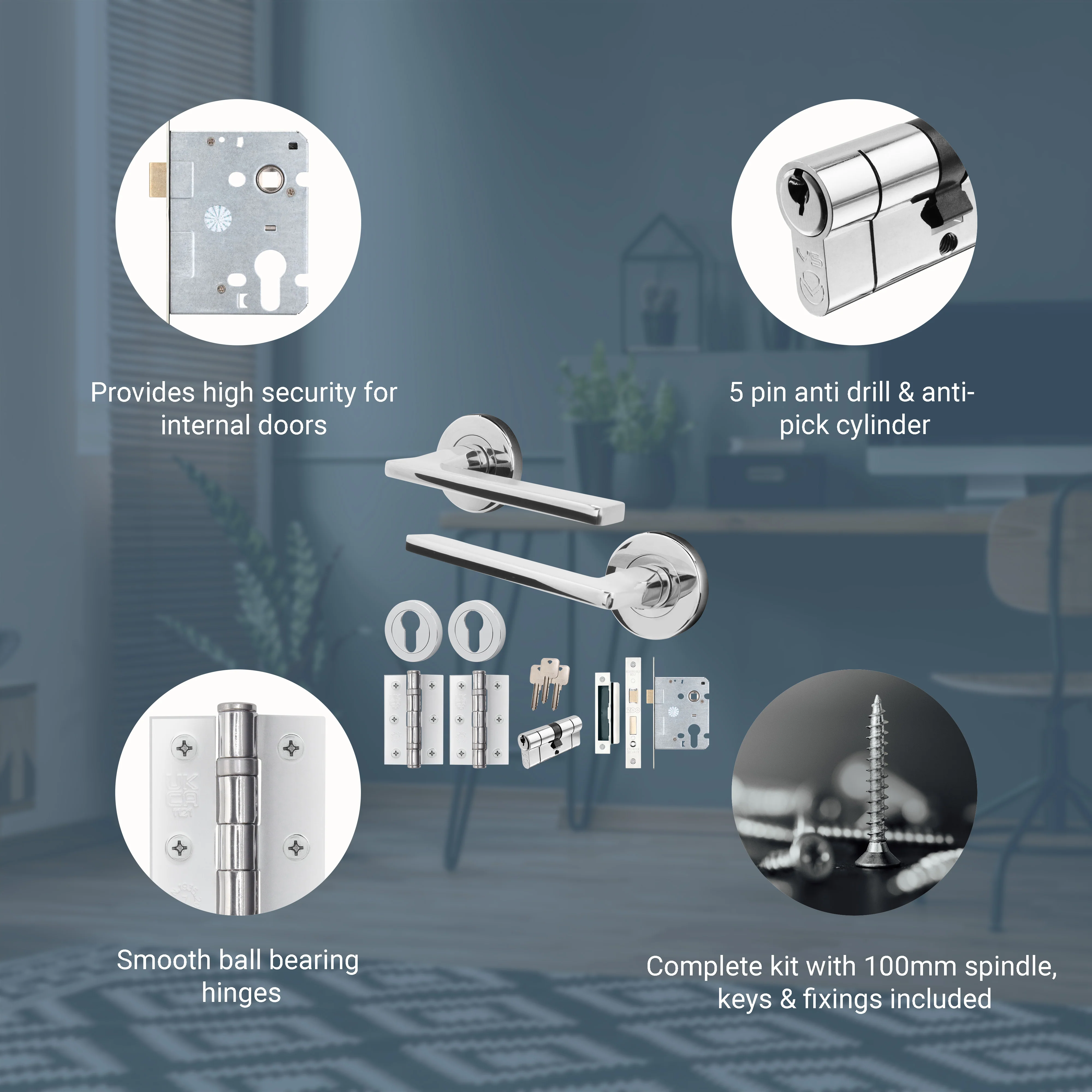 Euroda Polished Chrome Lever on Rose Door Handle Pack - Euro Lock & Cylinder - Image 3