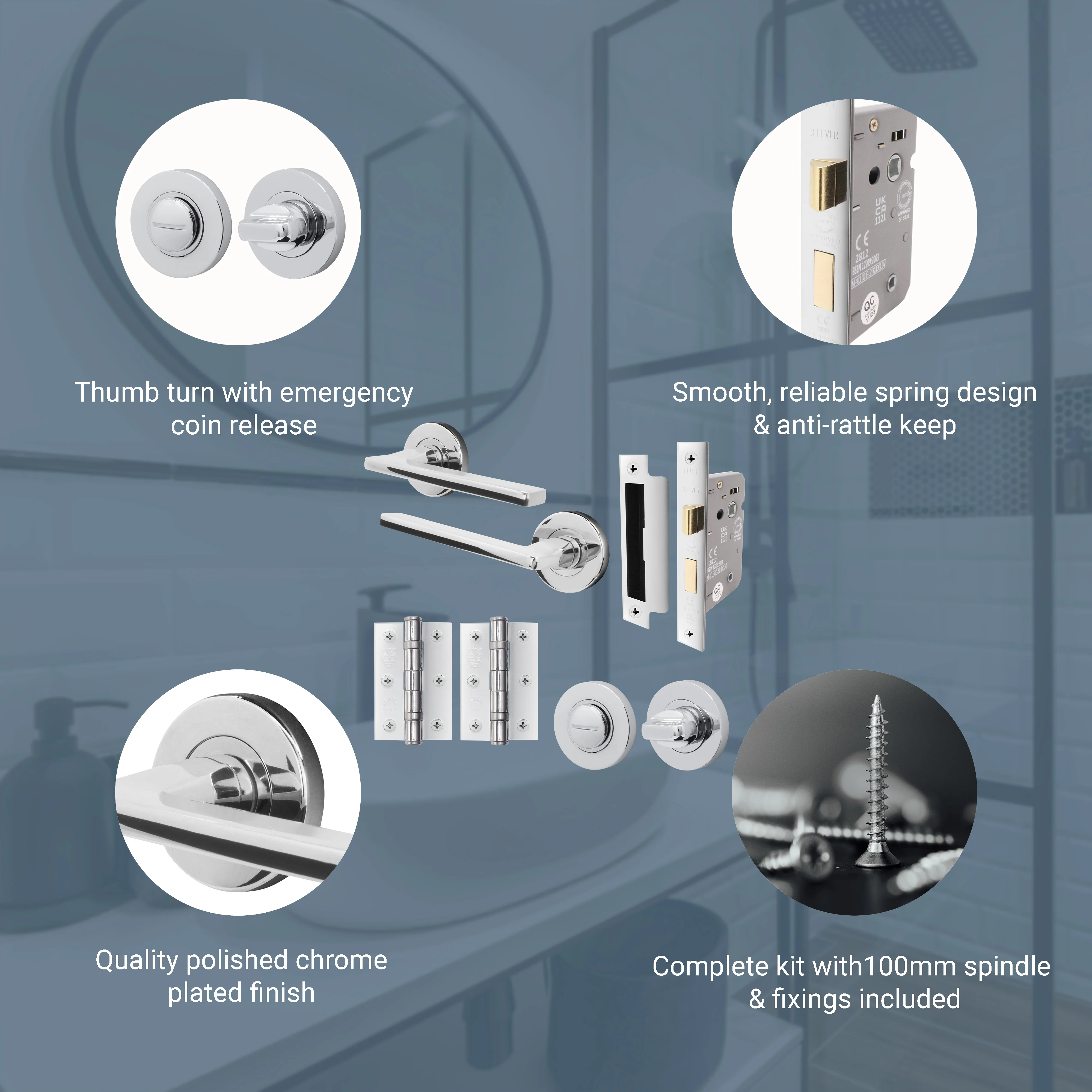 Euroda Polished Chrome Lever on Rose Door Handle Pack - Bathroom - Image 3