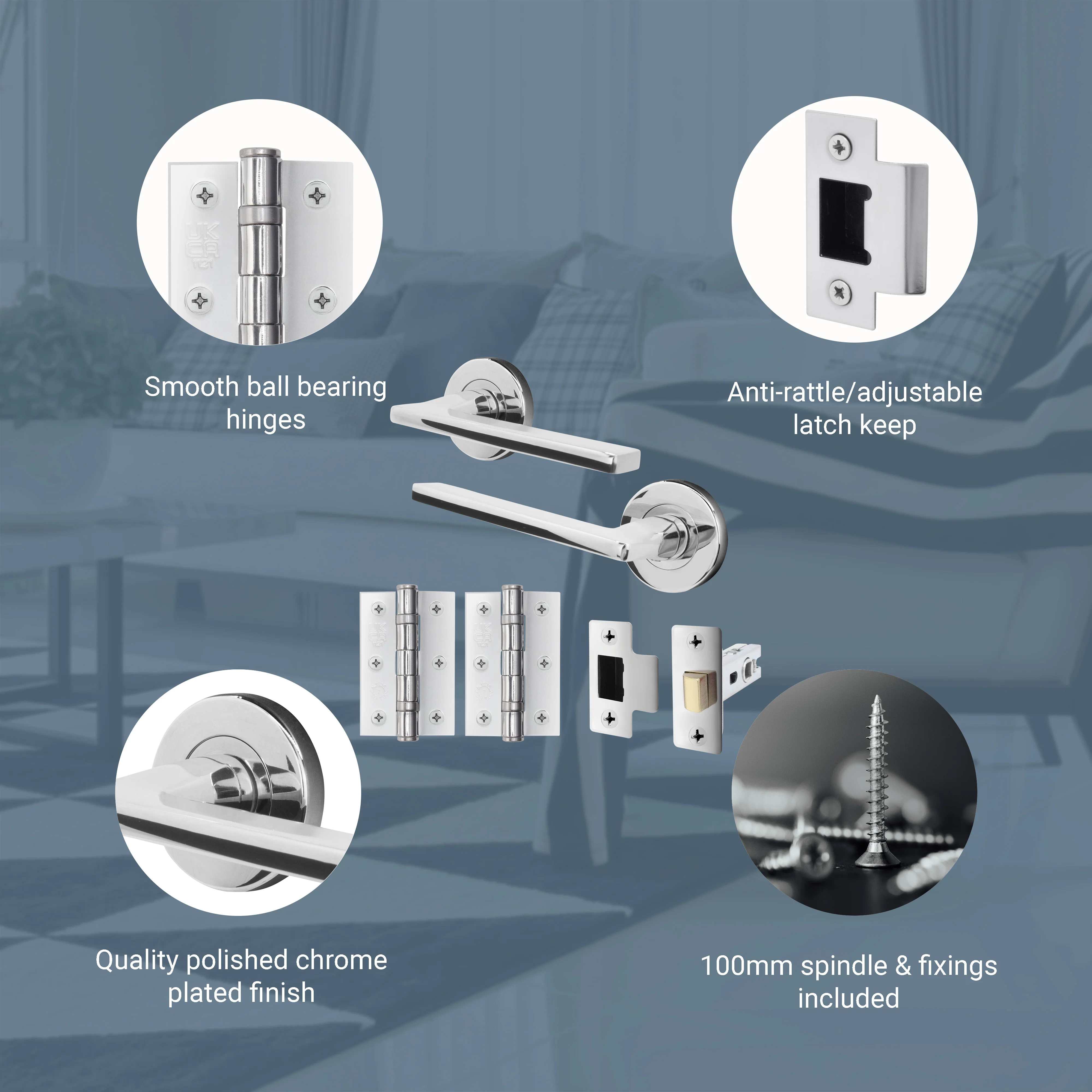 Euroda Polished Chrome Lever on Rose Door Handle Pack - Latch - Image 3