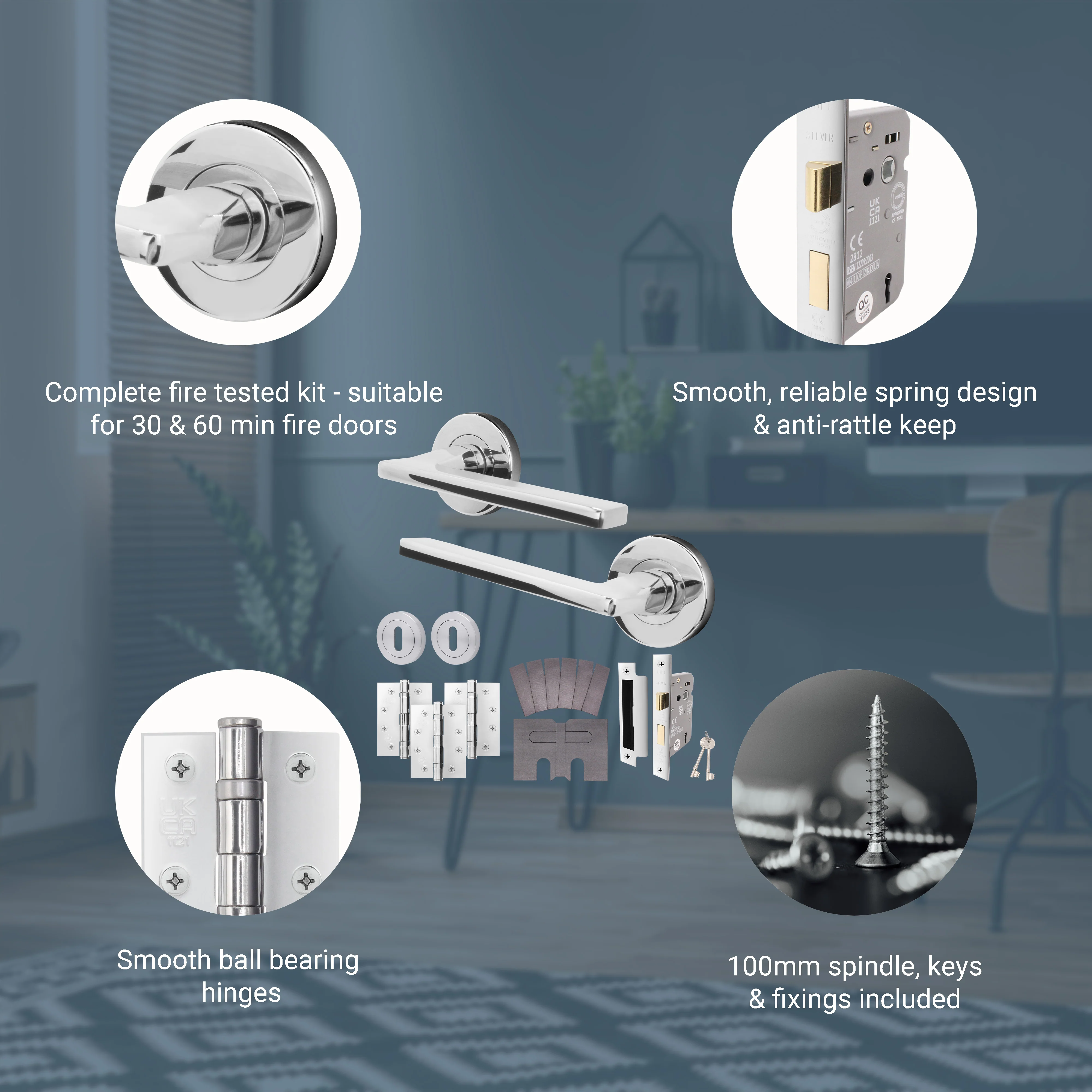 Euroda Polished Chrome Lever on Rose Fire Door Handle Pack - 3 Lever Lock - FD30/60 - Image 3