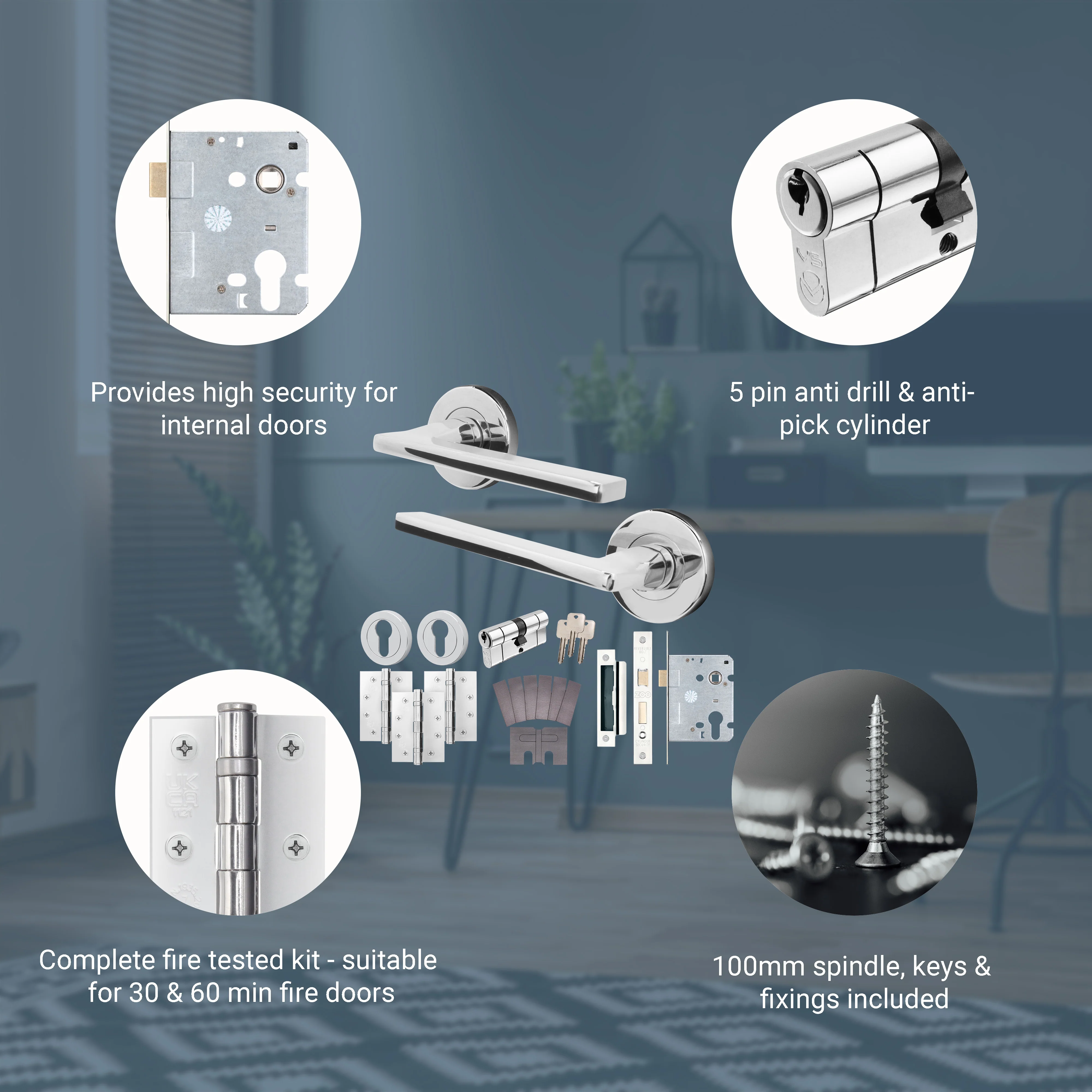 Euroda Polished Chrome Lever on Rose Fire Door Handle Pack - Euro Lock & Cylinder - Image 3