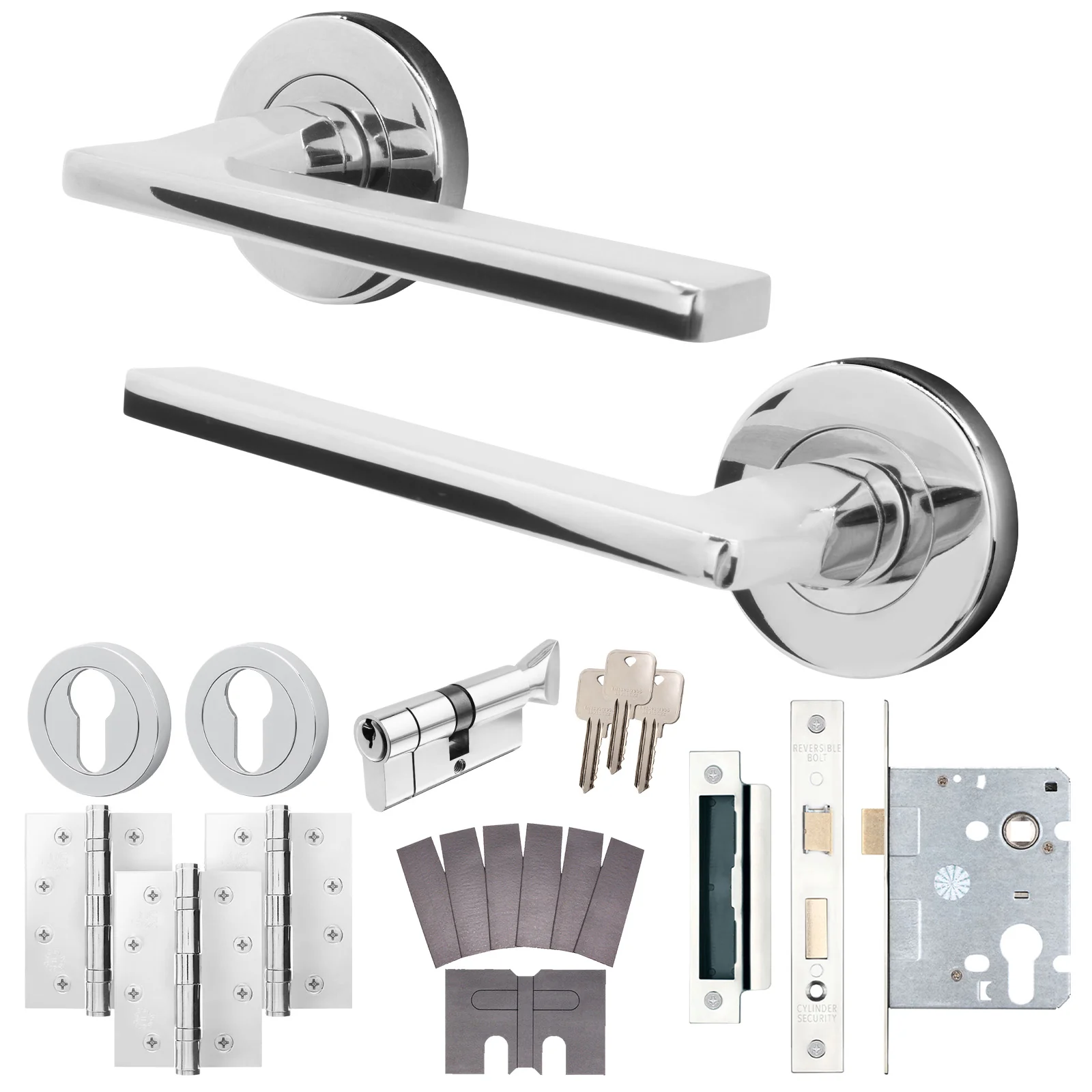 Euroda Polished Chrome Lever on Rose Fire Door Handle Pack - Euro Lock & Thumbturn Cylinder - FD30/60