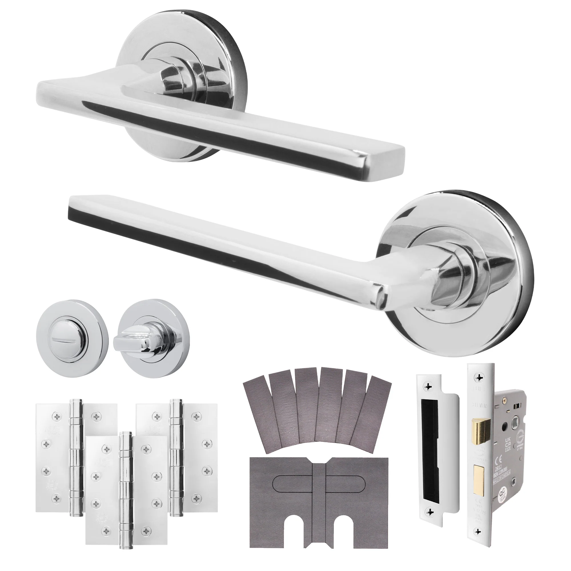 Euroda Polished Chrome Lever on Rose Fire Door Handle Pack - Bathroom - FD30/60