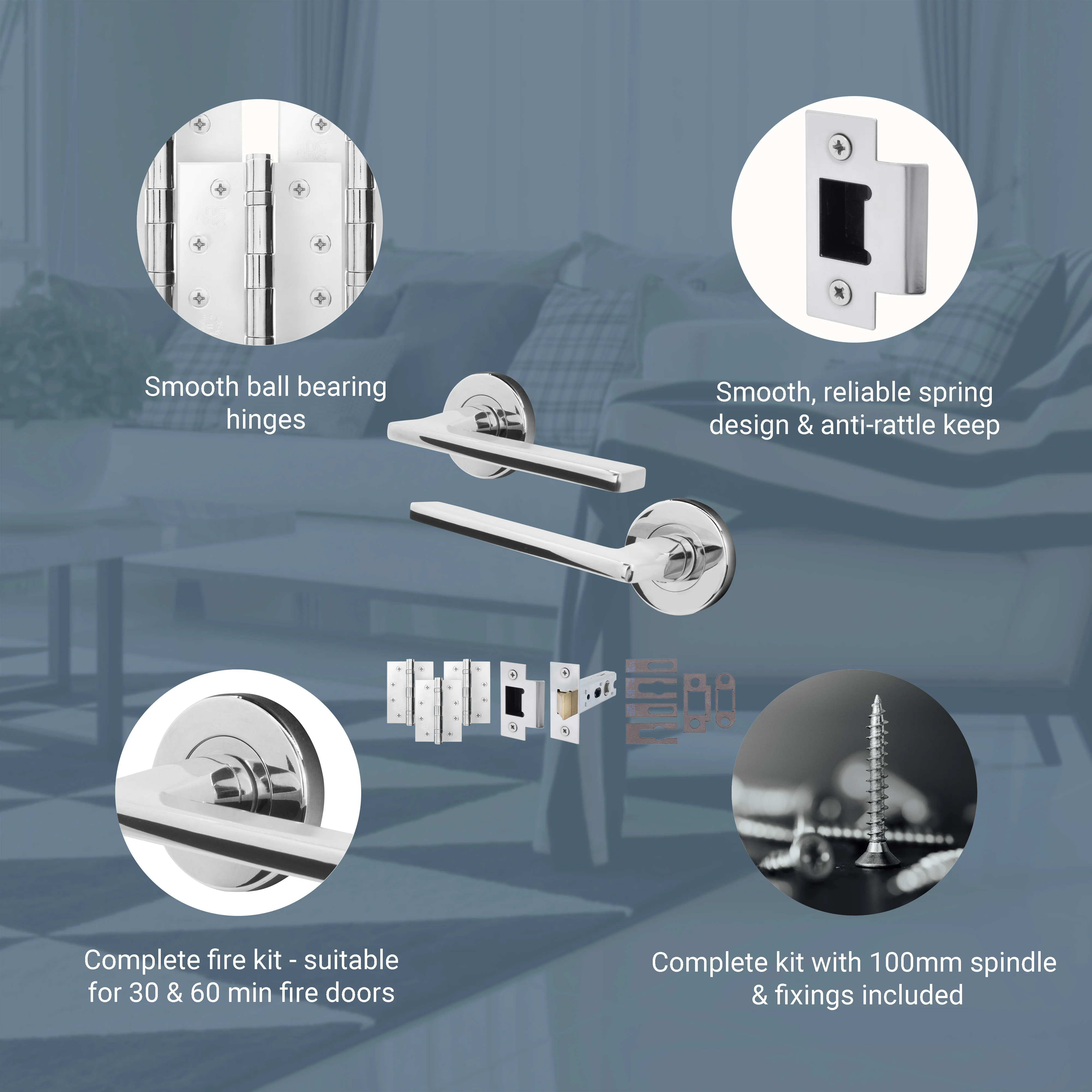 Euroda Polished Chrome Lever on Rose Fire Door Handle Pack - Latch - FD30/60 - Image 3