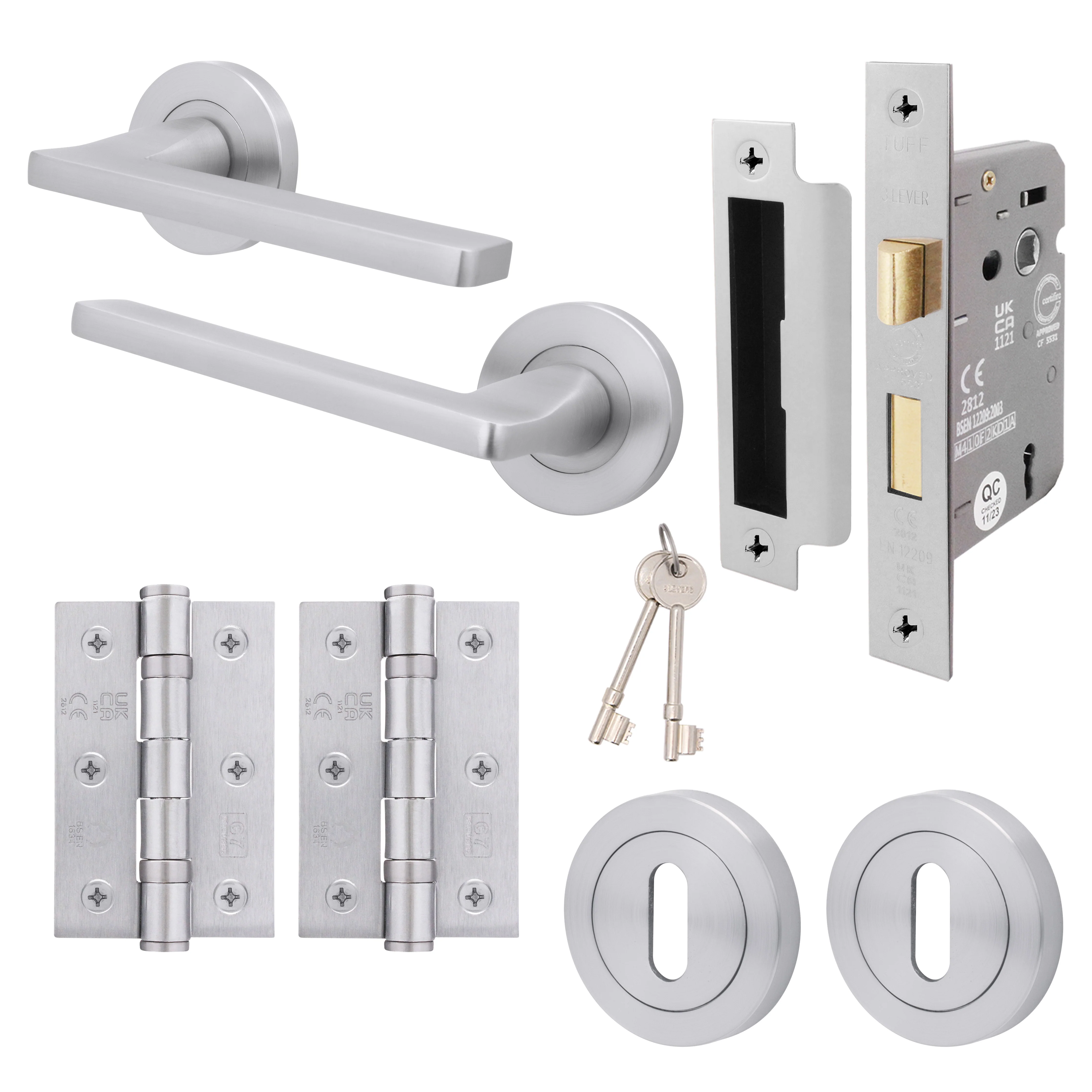 Euroda Satin Chrome Lever on Rose Door Handle Pack - 3 Lever Lock