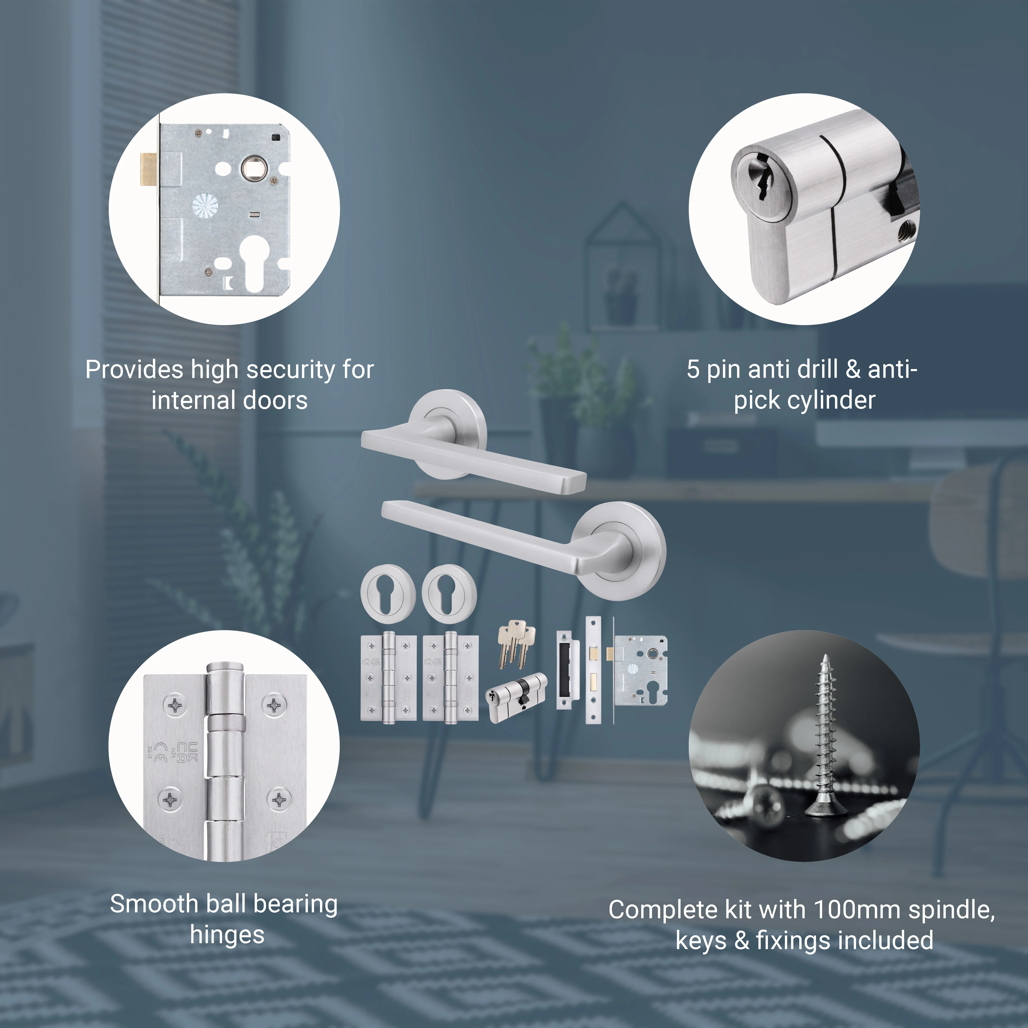 Euroda Satin Chrome Lever on Rose Door Handle Pack - Euro Lock & Cylinder - Image 3