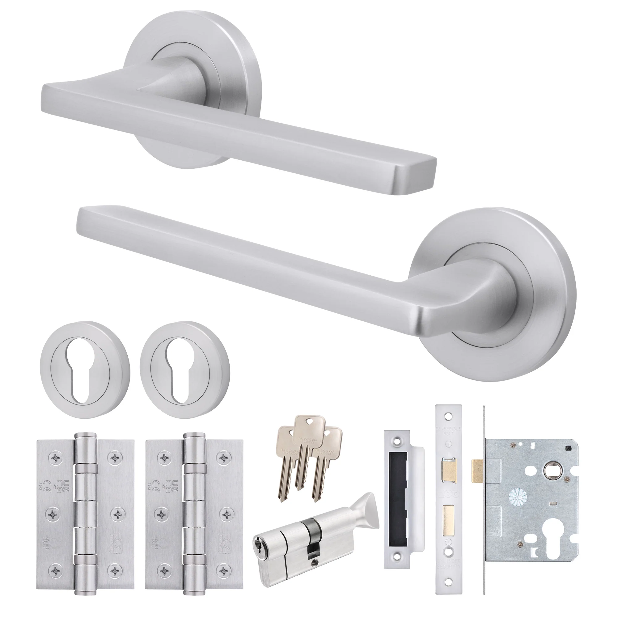 Euroda Satin Chrome Lever on Rose Door Handle Pack - Euro Lock & Thumbturn Cylinder