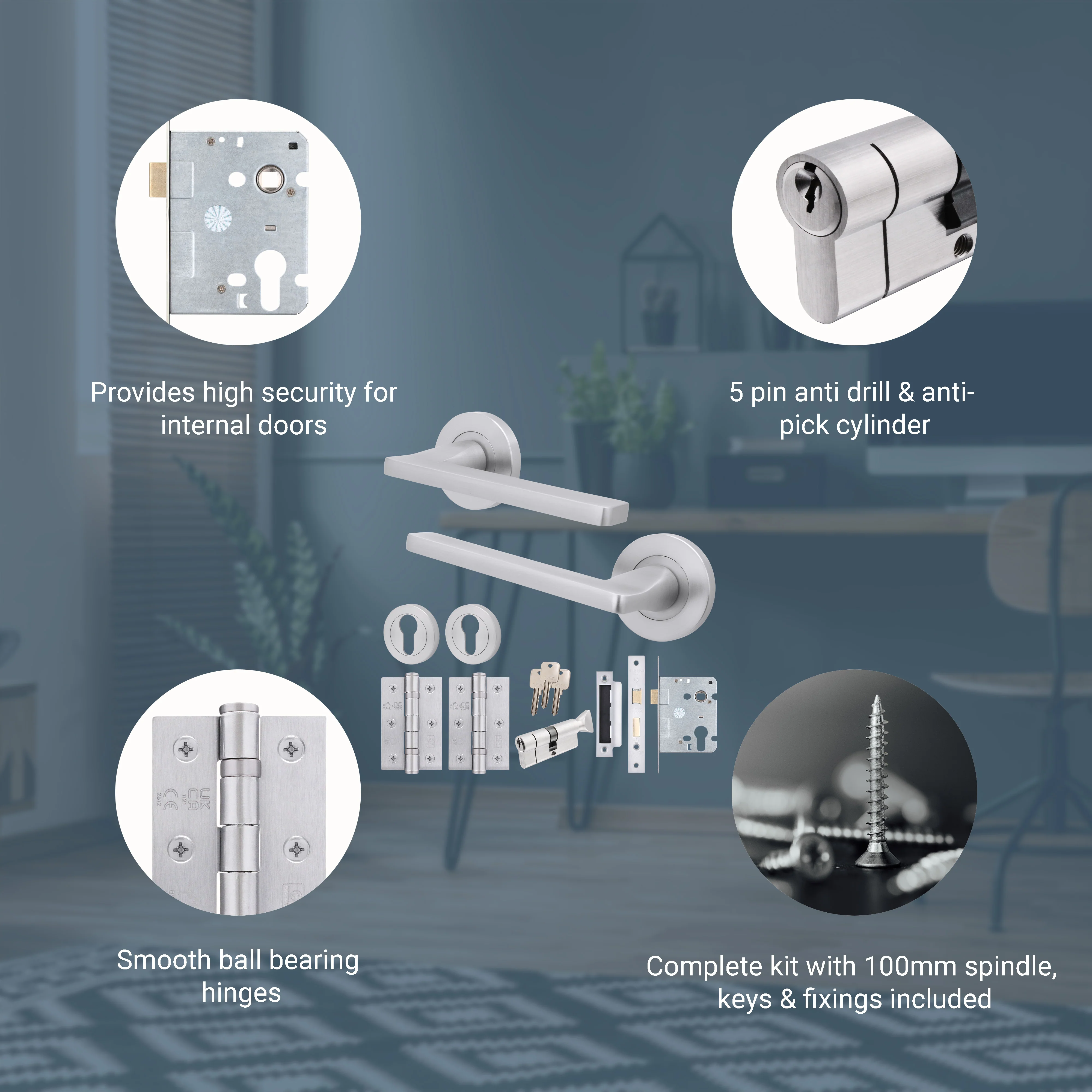 Euroda Satin Chrome Lever on Rose Door Handle Pack - Euro Lock & Thumbturn Cylinder - Image 3
