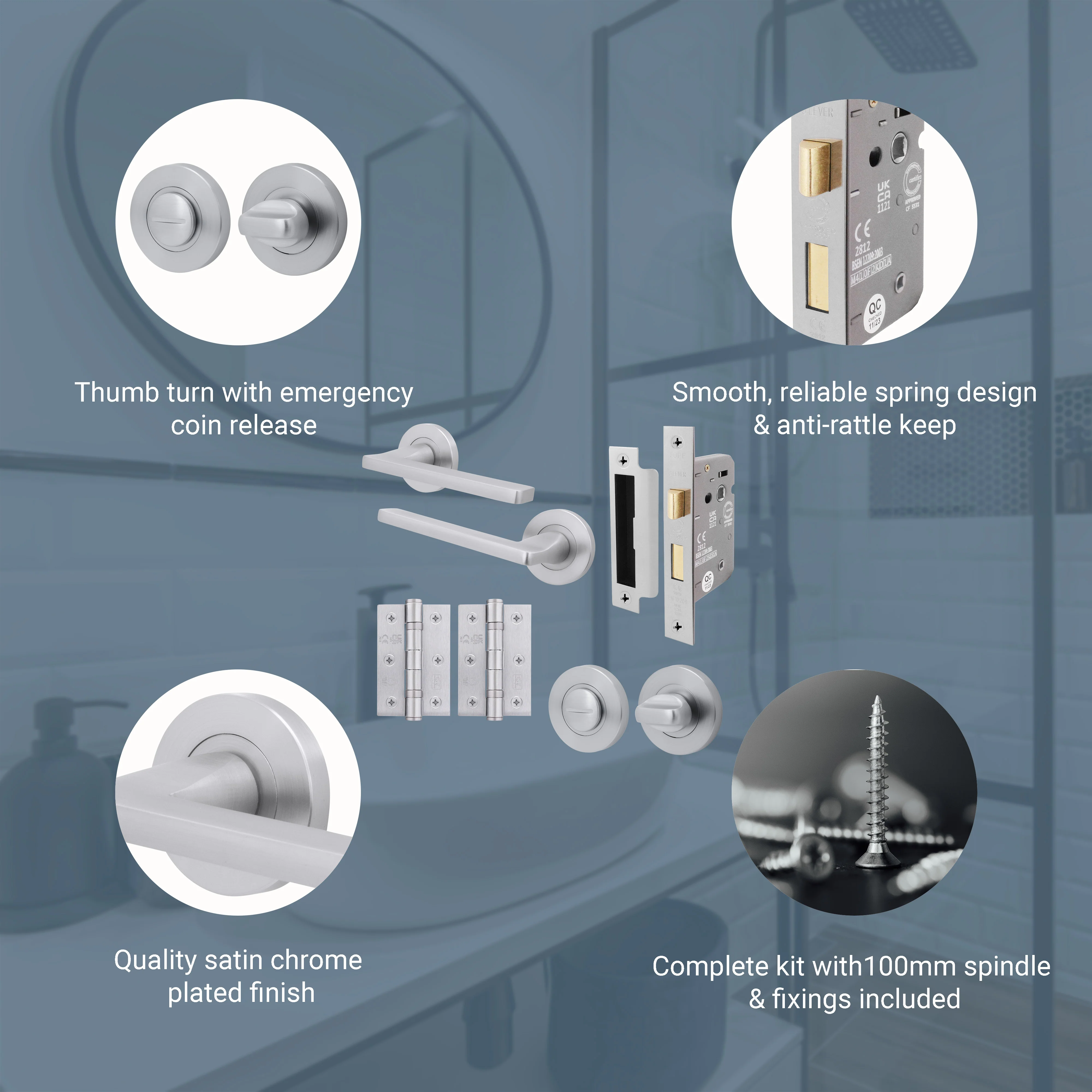 Euroda Satin Chrome Lever on Rose Door Handle Pack - Bathroom - Image 3