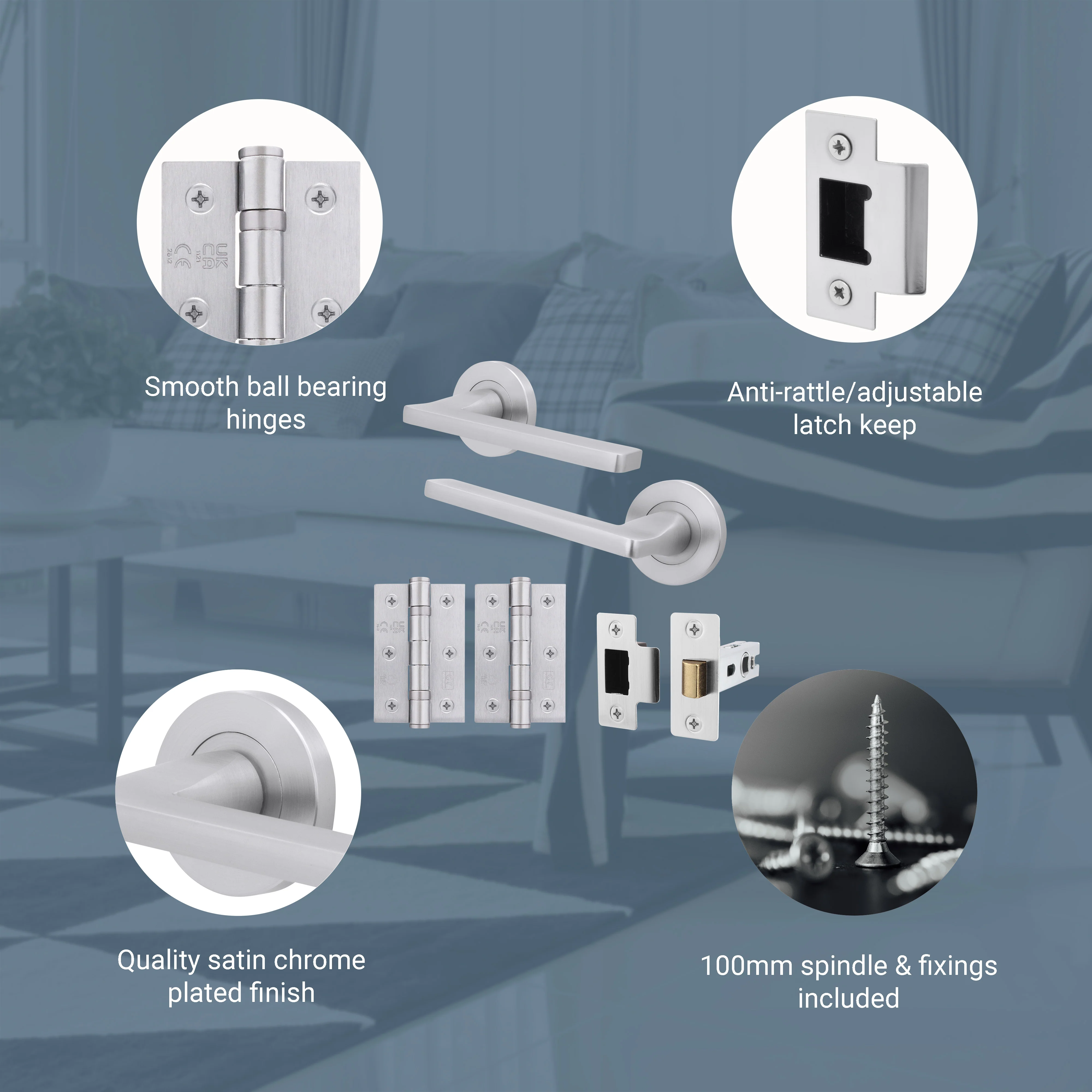 Euroda Satin Chrome Lever on Rose Door Handle Pack - Latch - Image 3