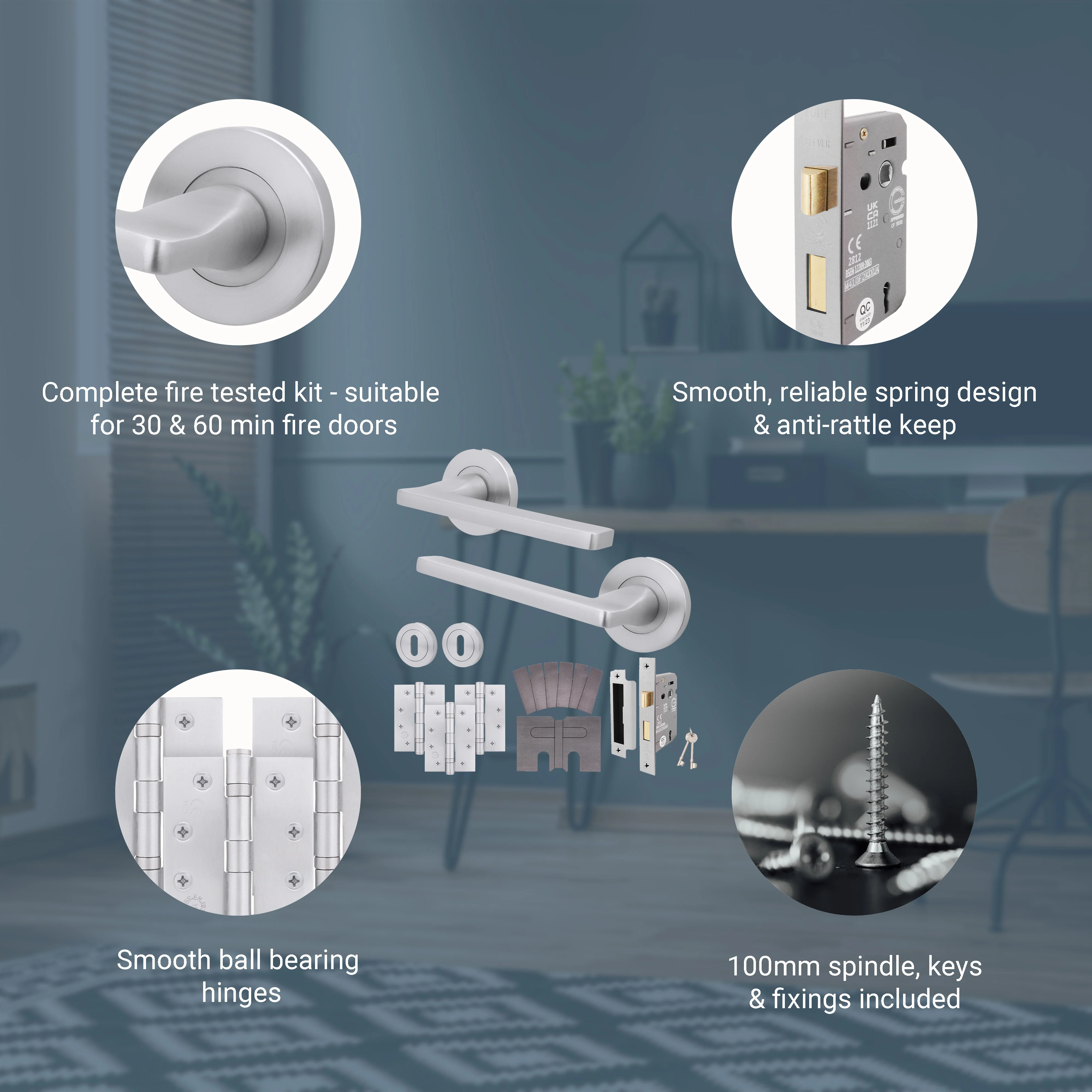 Euroda Satin Chrome Lever on Rose Fire Door Handle Pack - 3 Lever Lock - FD30/60 - Image 3