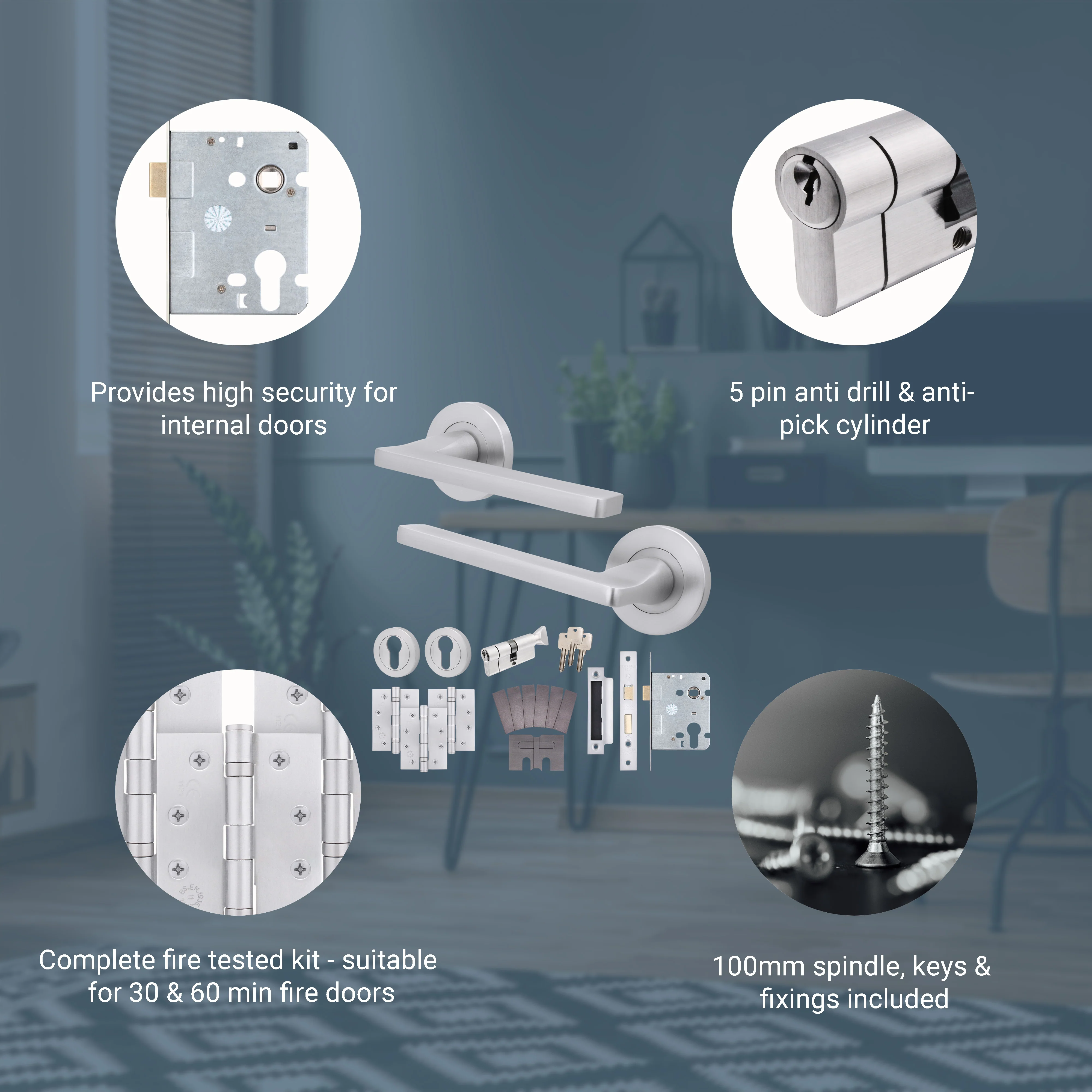 Euroda Satin Chrome Lever on Rose Fire Door Handle Pack - Euro Lock & Thumbturn Cylinder - FD30/60 - Image 3