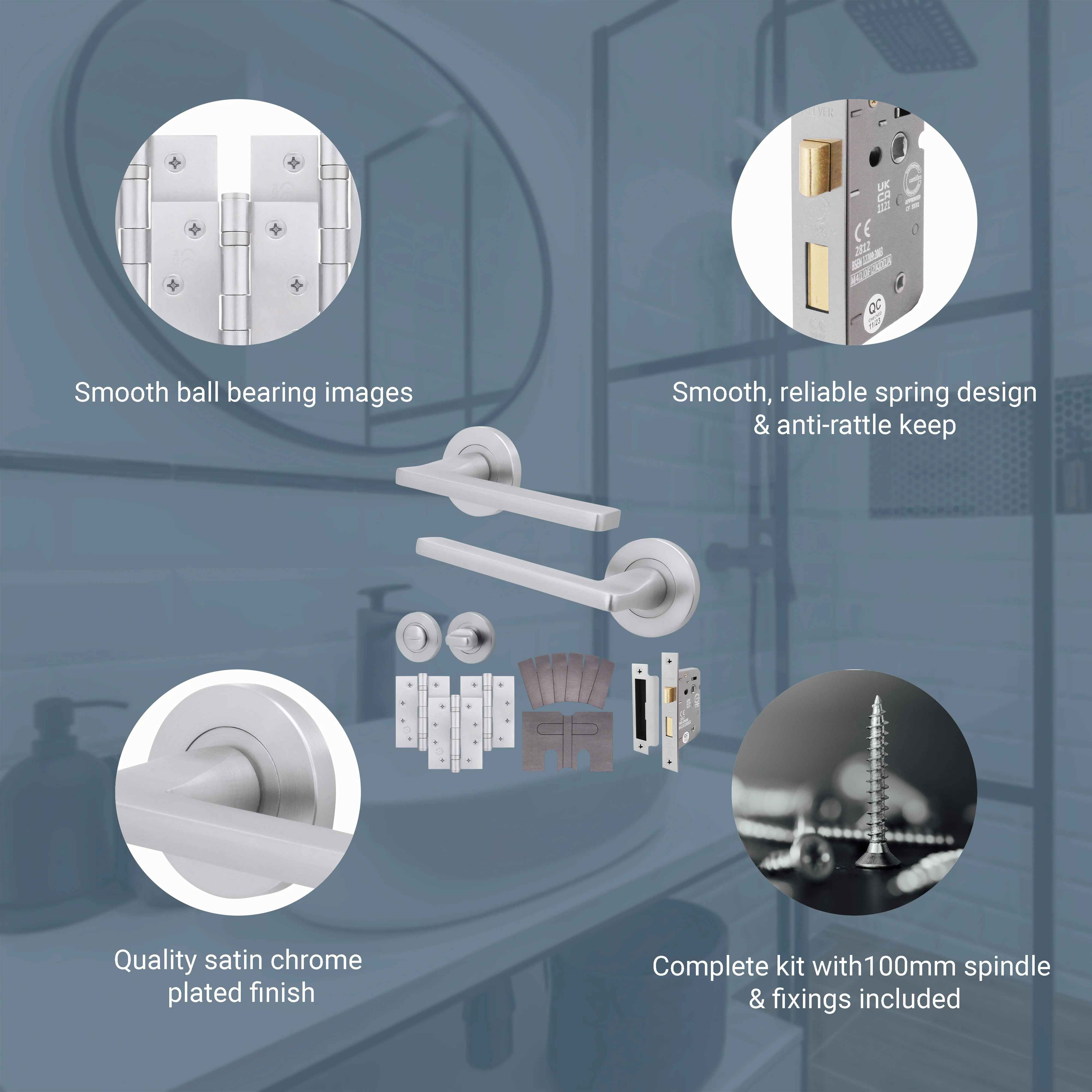 Euroda Satin Chrome Lever on Rose Fire Door Handle Pack - Bathroom - FD30/60 - Image 3