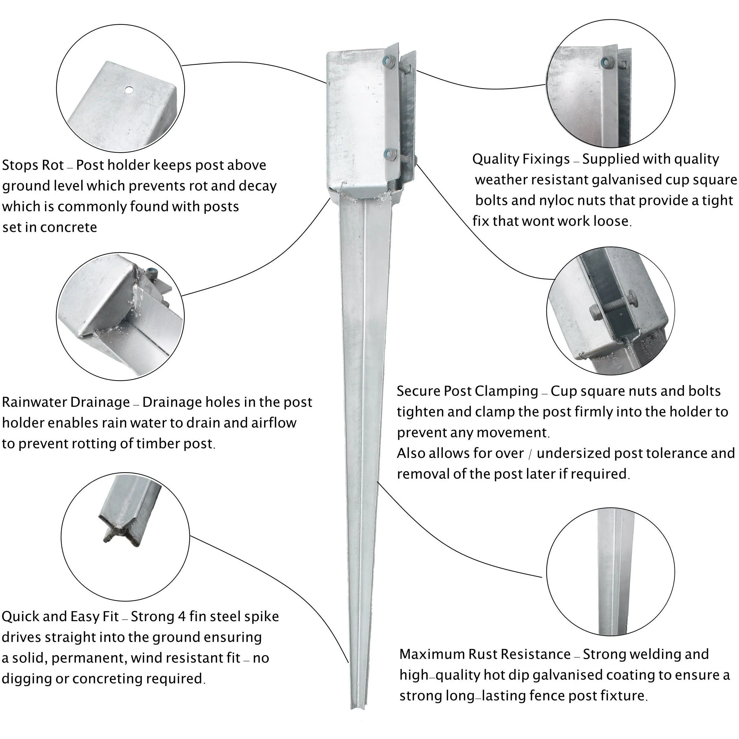 Drive In Fence Post Spike Anchor -Bolt Secure - 75 x 75 x 750mm - Hot Dip Galvanised - Image 3