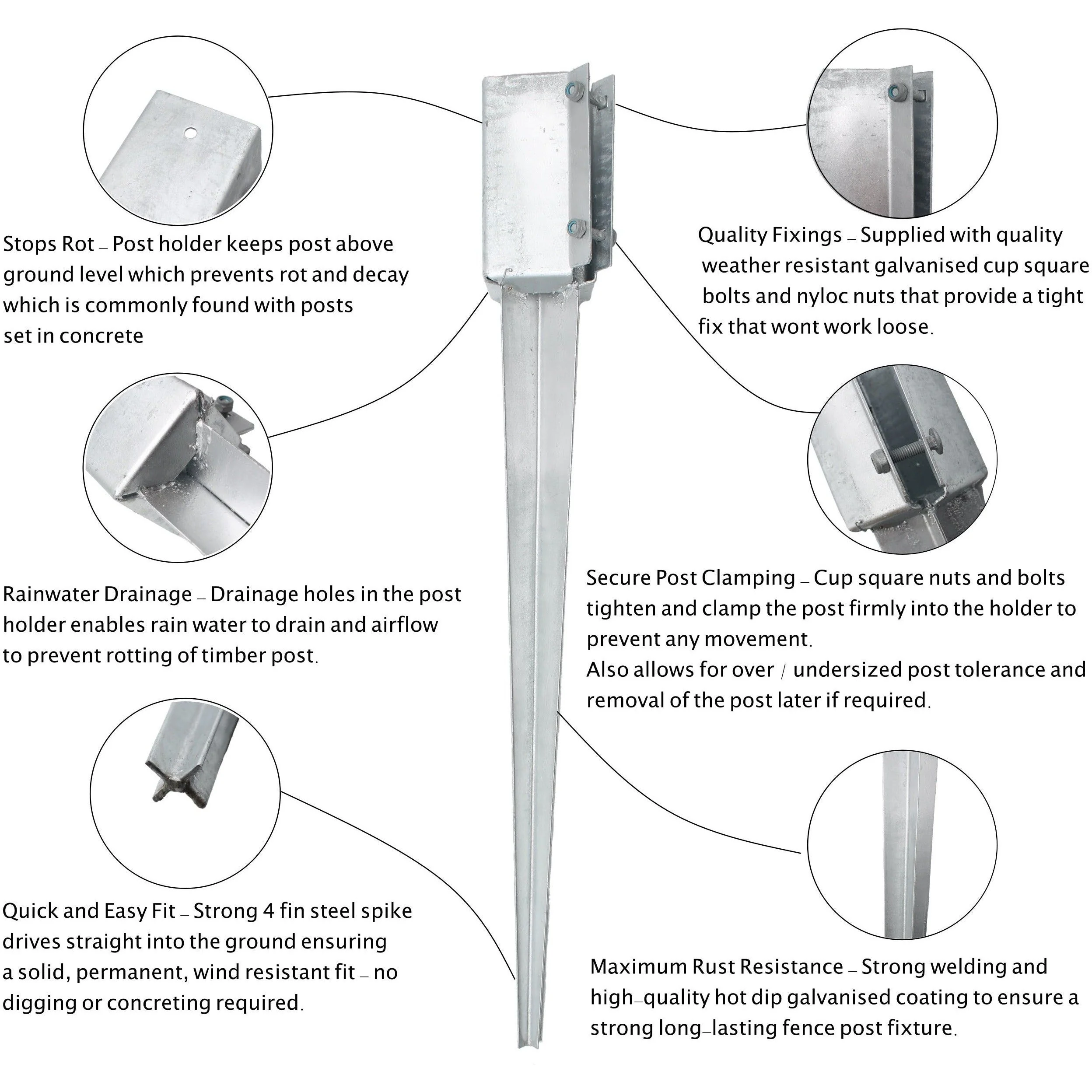 Drive In Fence Post Spike Anchor -Bolt Secure - 75 x 75 x 600mm - Hot Dip Galvanised - Image 3