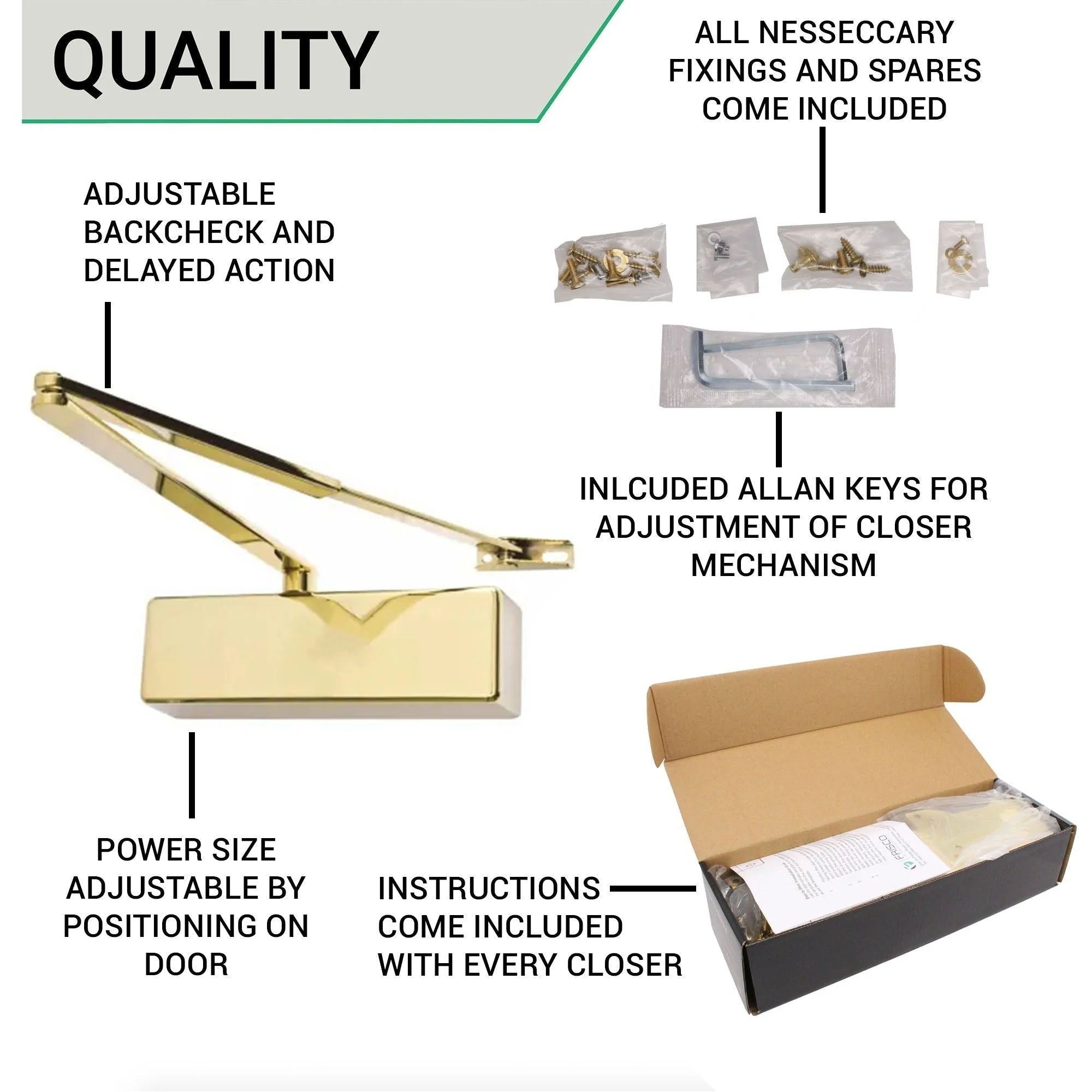 Commercial Grade Fire Door Closer - Power Size 2-4 - Door Weight to 80kg - Backcheck & Delayed Action - CE Marked - Brass - Image 5