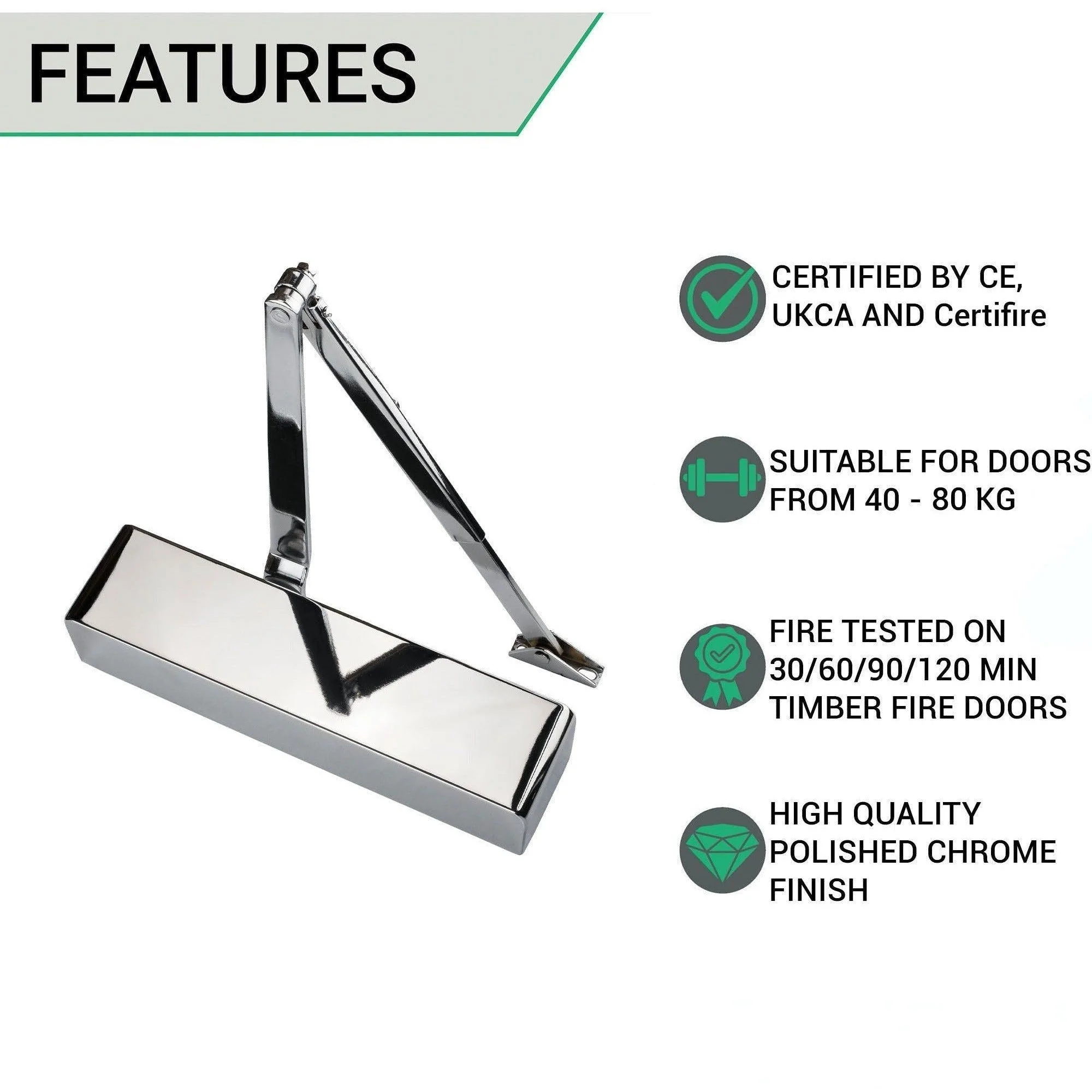 Commercial Grade Fire Door Closer - Power Size 2-4 - Door Weight to 80kg - Backcheck & Delayed Action - CE Marked - Polished Chrome - Image 2