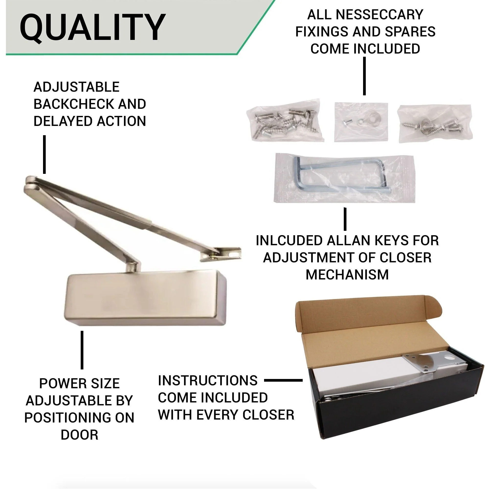 Commercial Grade Fire Door Closer - Power Size 2-4 - Door Weight to 80kg - Backcheck & Delayed Action - CE Marked - Satin Nickel - Image 5