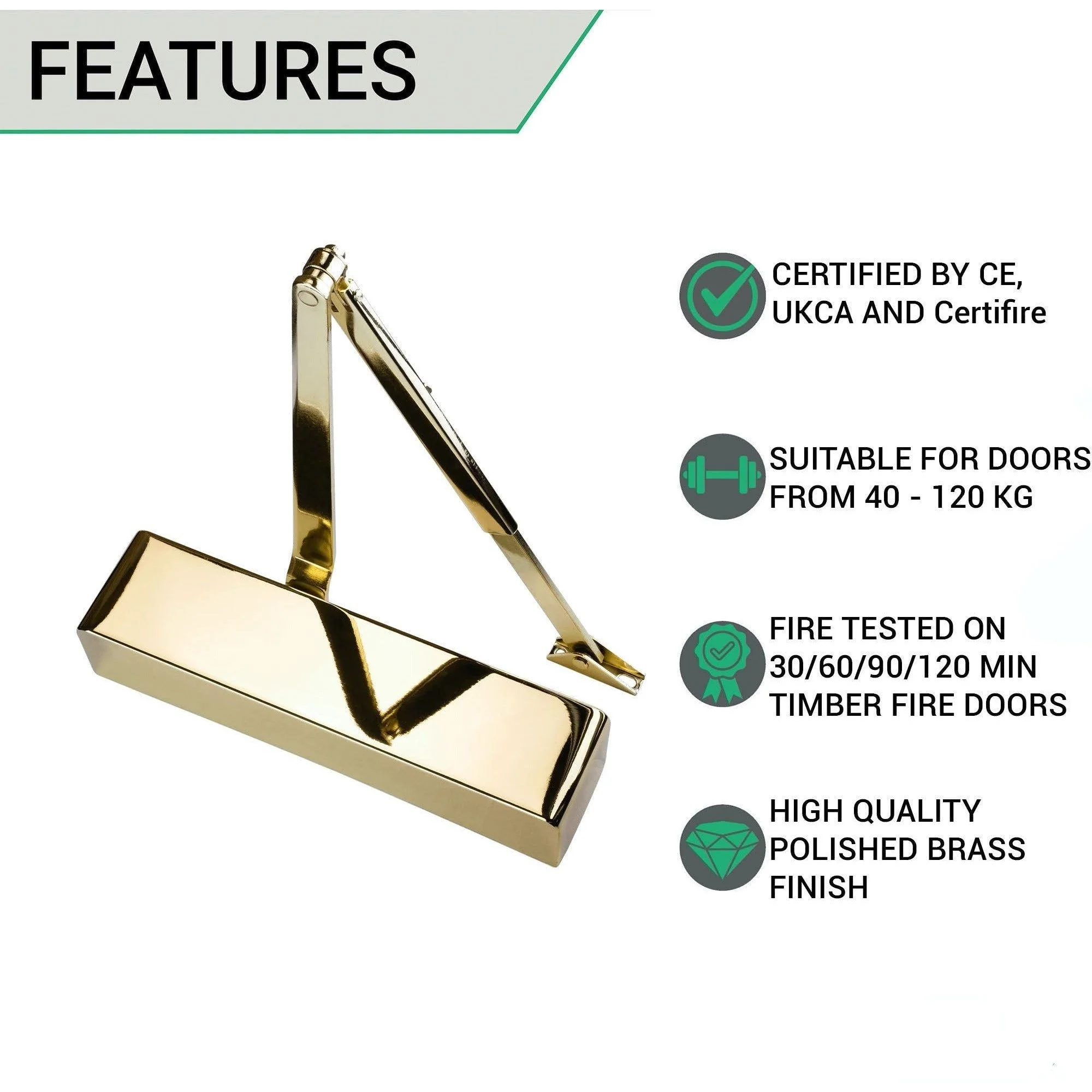 Commercial Grade Fire Door Closer - Power Size 3-6 - Door Weight to 120kg - Backcheck & Delayed Action - CE Marked - Brass - Image 3