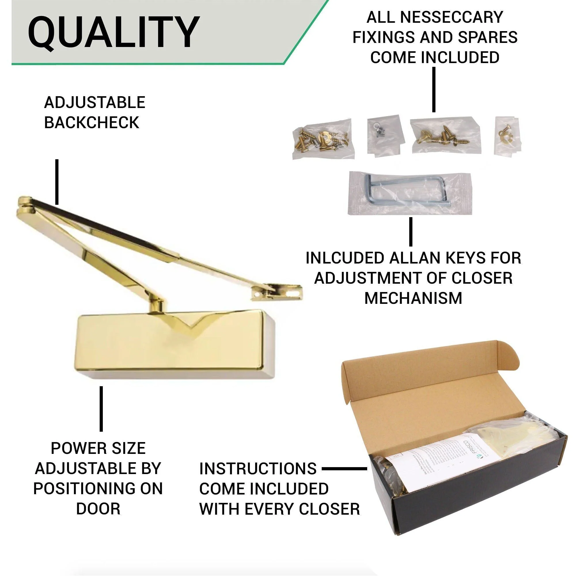 Commercial Grade Fire Door Closer - Power Size 3-6 - Door Weight to 120kg - Backcheck & Delayed Action - CE Marked - Brass - Image 6