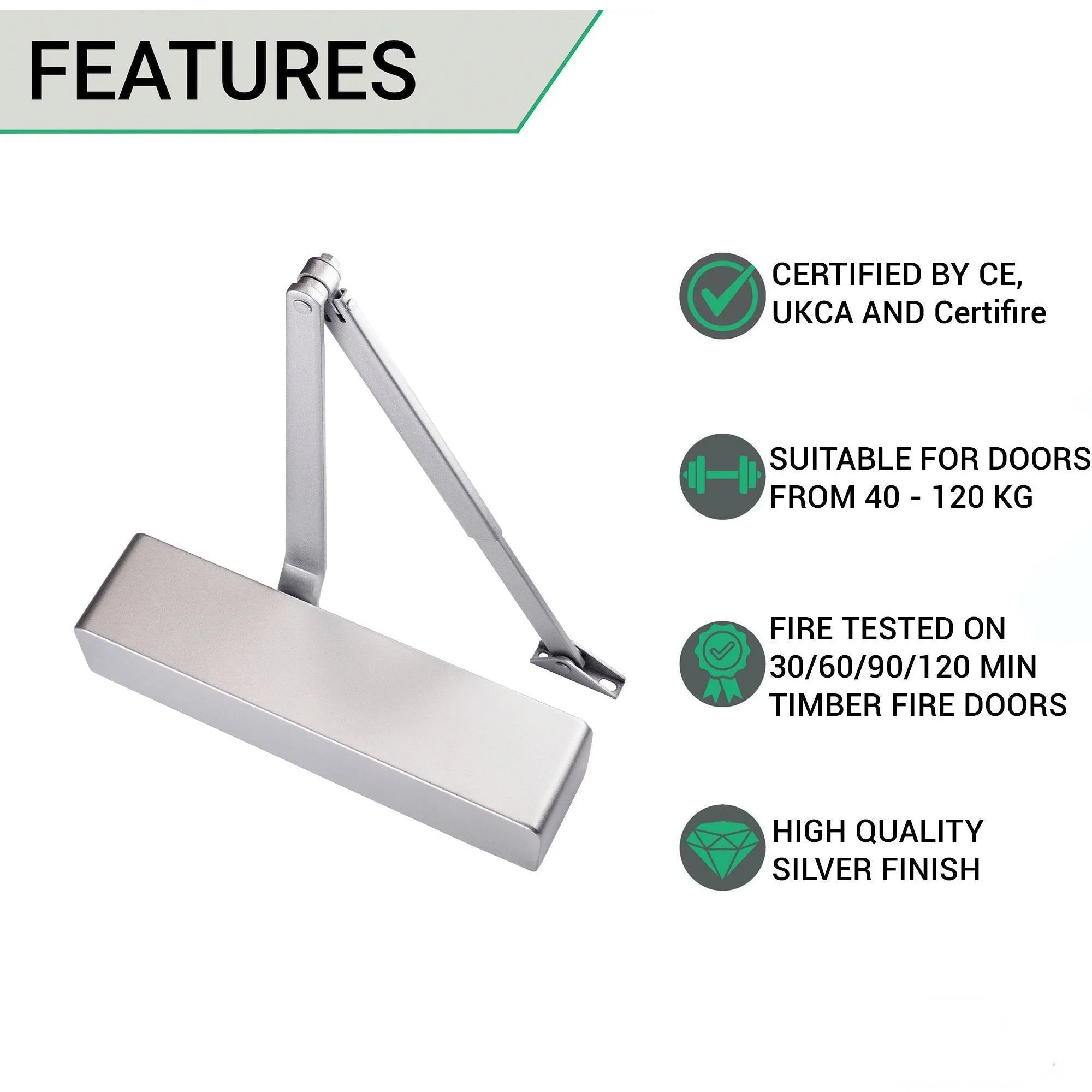 Commercial Grade Fire Door Closer - Power Size 3-6 - Door Weight to 120kg - Backcheck & Delayed Action - CE Marked - Silver - Image 3