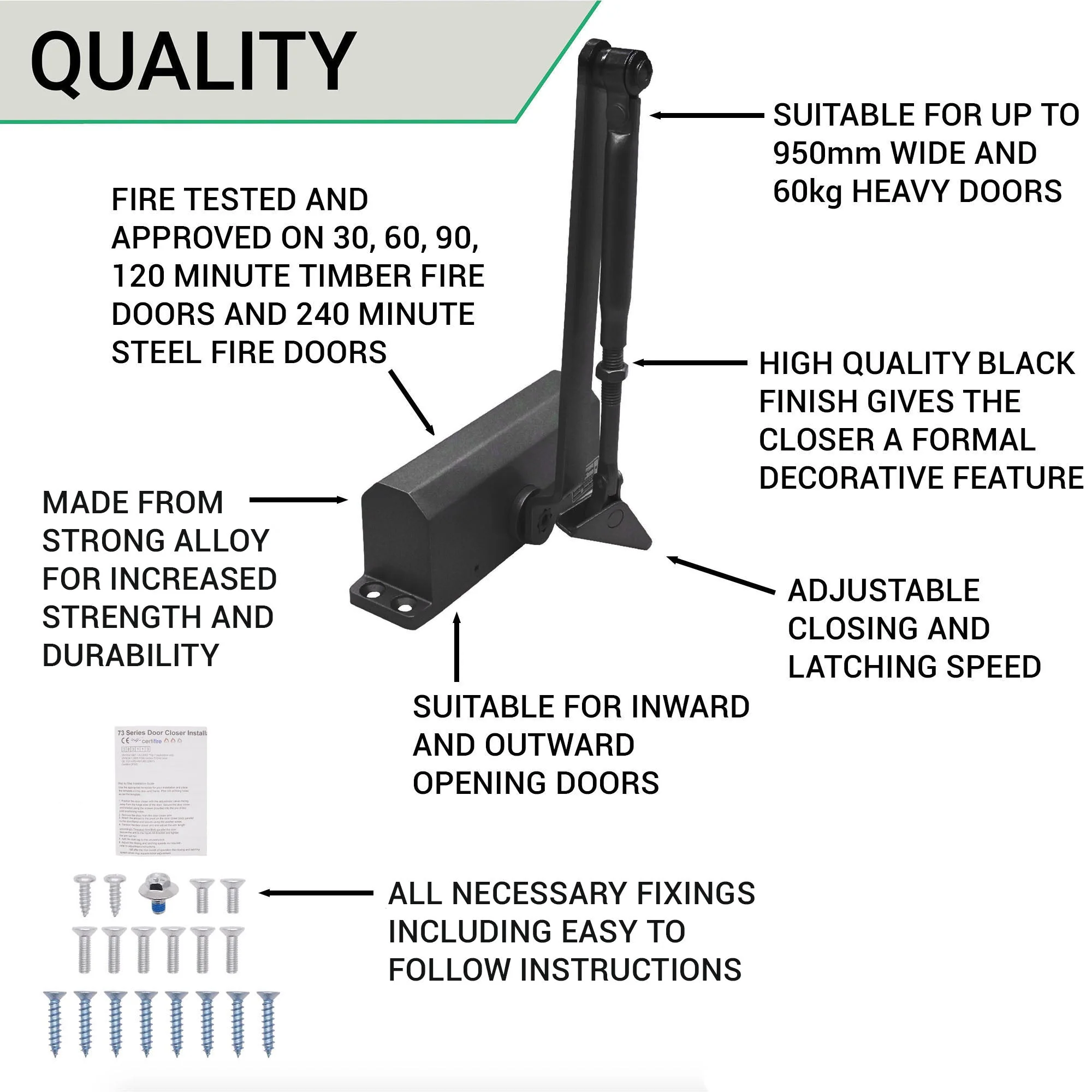 Fire Door Closer - Fixed Power Size 3 - Door Weight To 60kg - CE Marked - Black - Standard Duty - Image 4