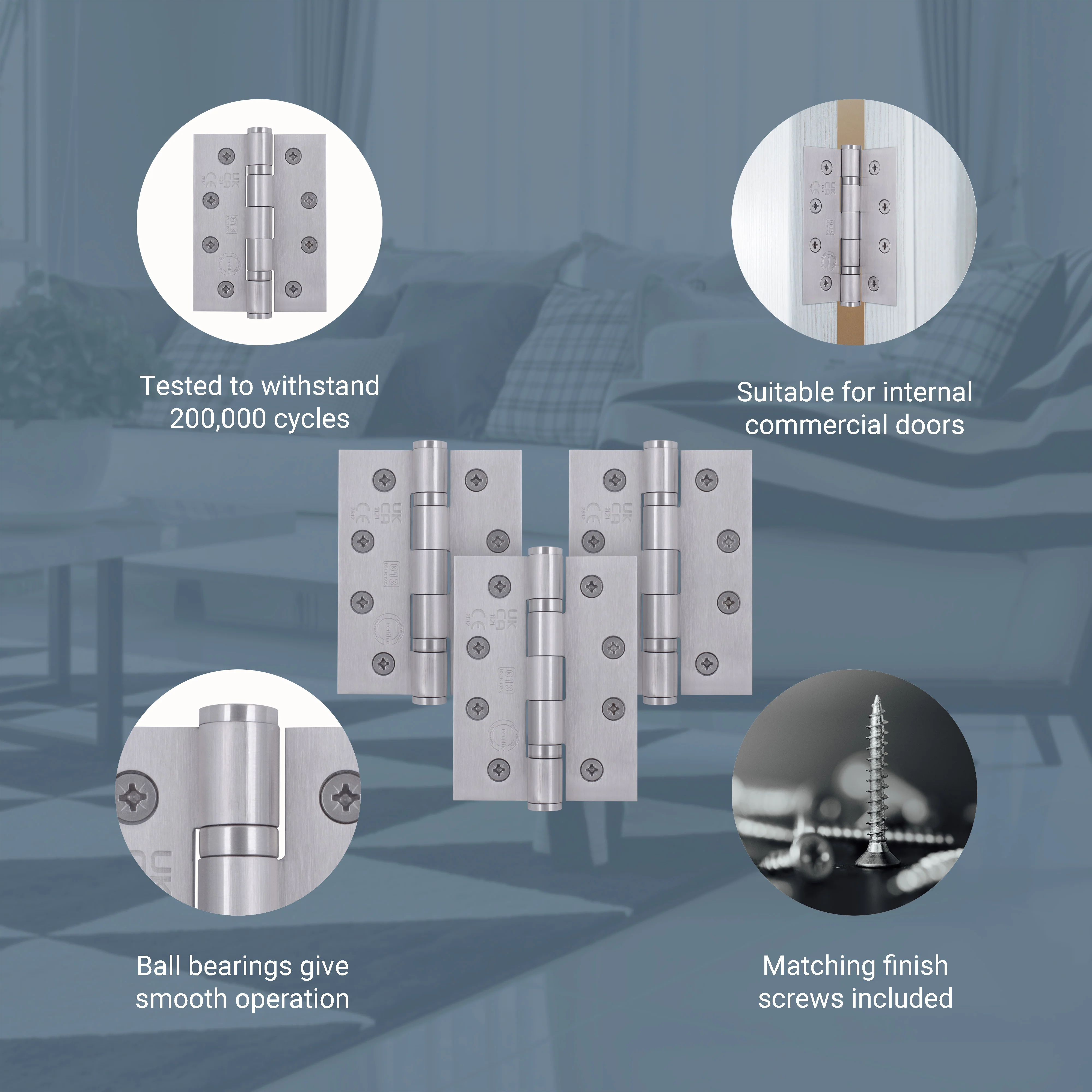 Fire Door Hinges - Ball Bearing - CE FD30/60 - 4 Inch/102mm - Grade 13 Max Door 120kg - Pack 3 - Satin Stainless Steel - Image 3