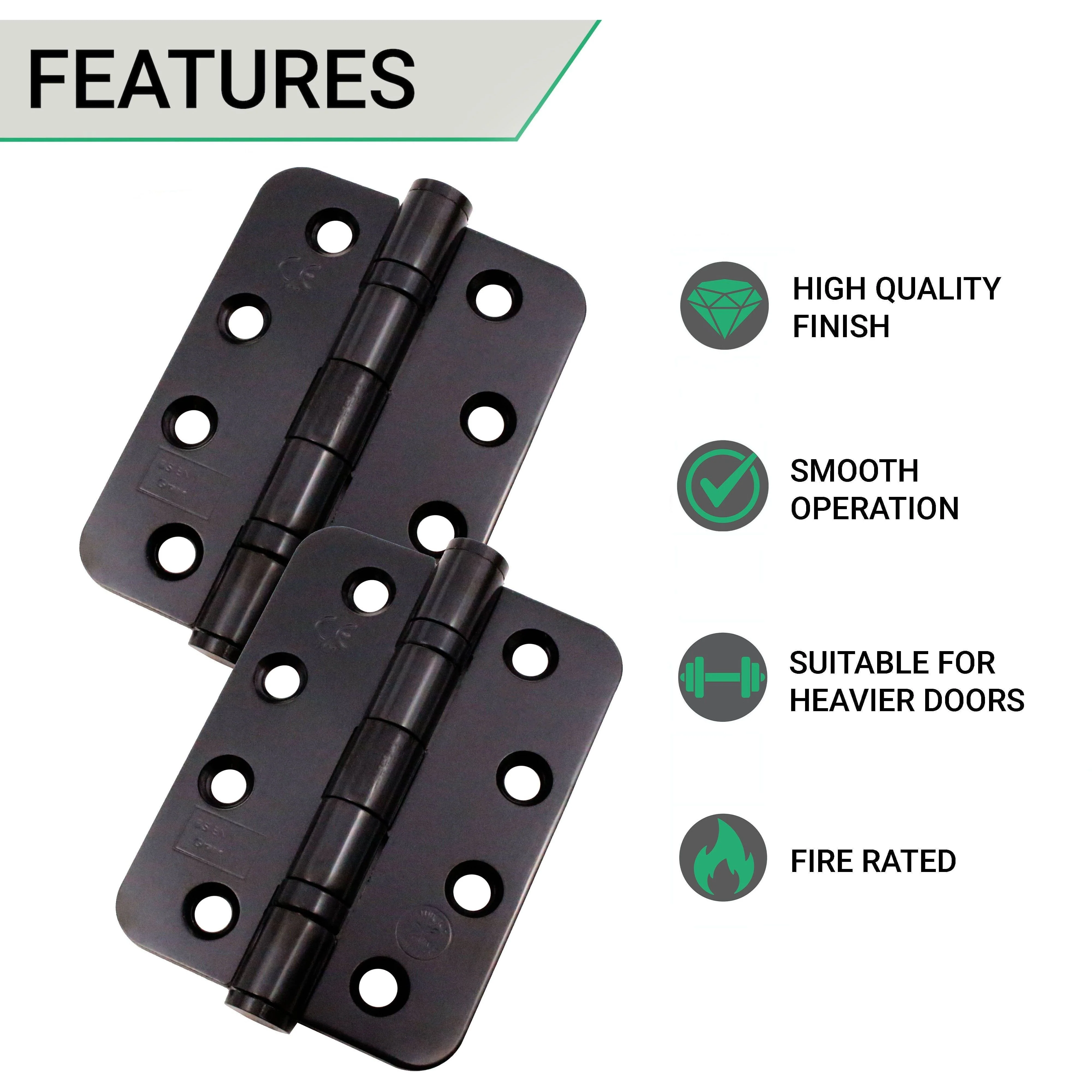 Black Fire Door Hinges - 4 Inch/102mm - Grade 13 Steel Ball Bearing - Pack 2 - Radius - Image 2