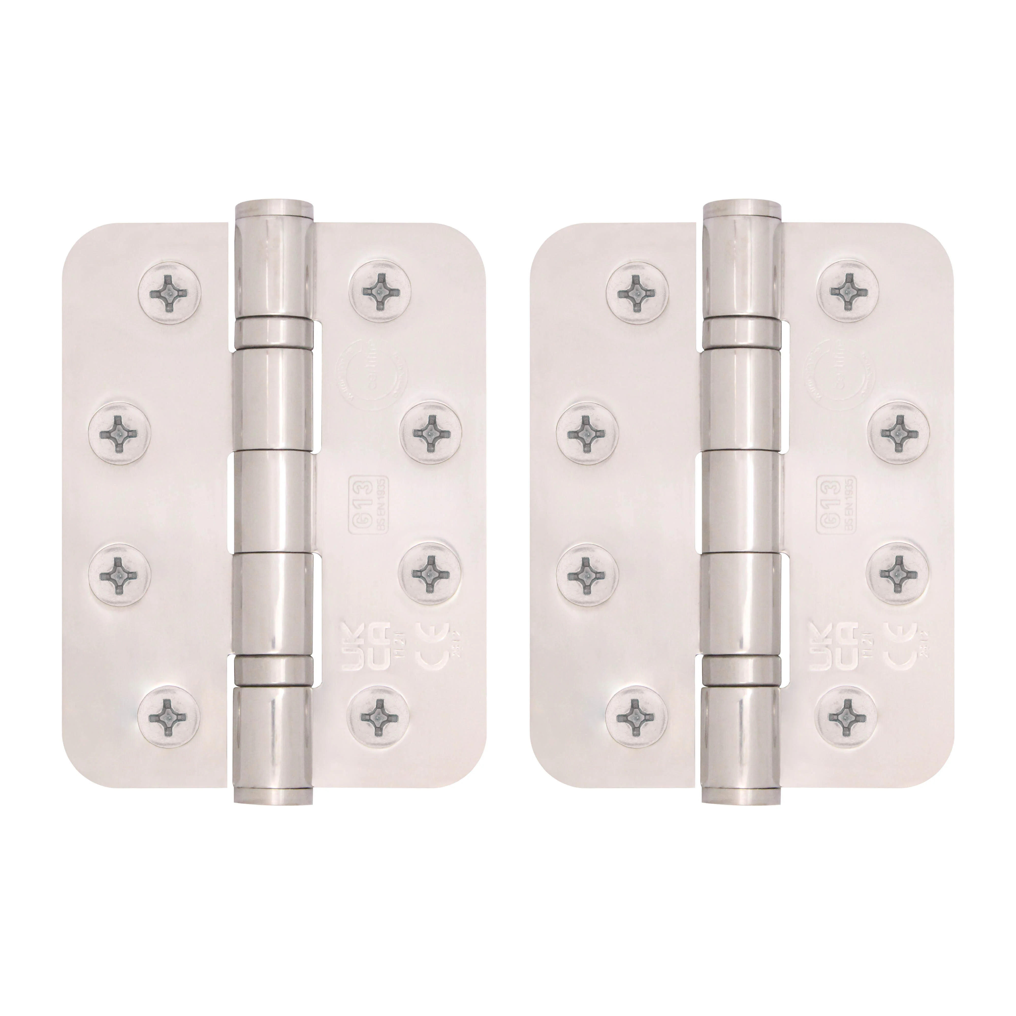 Polished Stainless Fire Door Hinges - 4 Inch/102mm - Grade 13 Steel Ball Bearing - Pack 2 - Radius