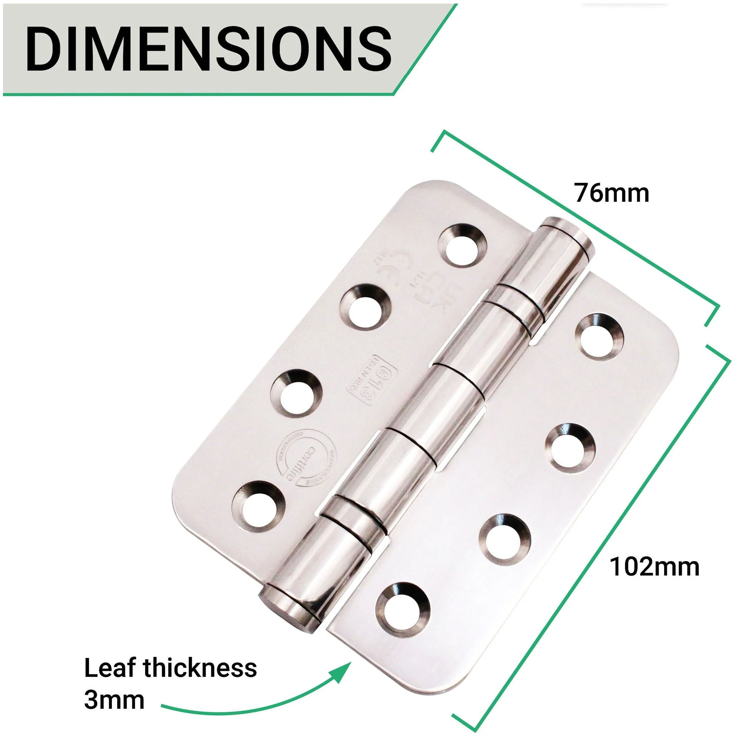Polished Stainless Fire Door Hinges - 4 Inch/102mm - Grade 13 Steel Ball Bearing - Pack 2 - Radius - Image 4