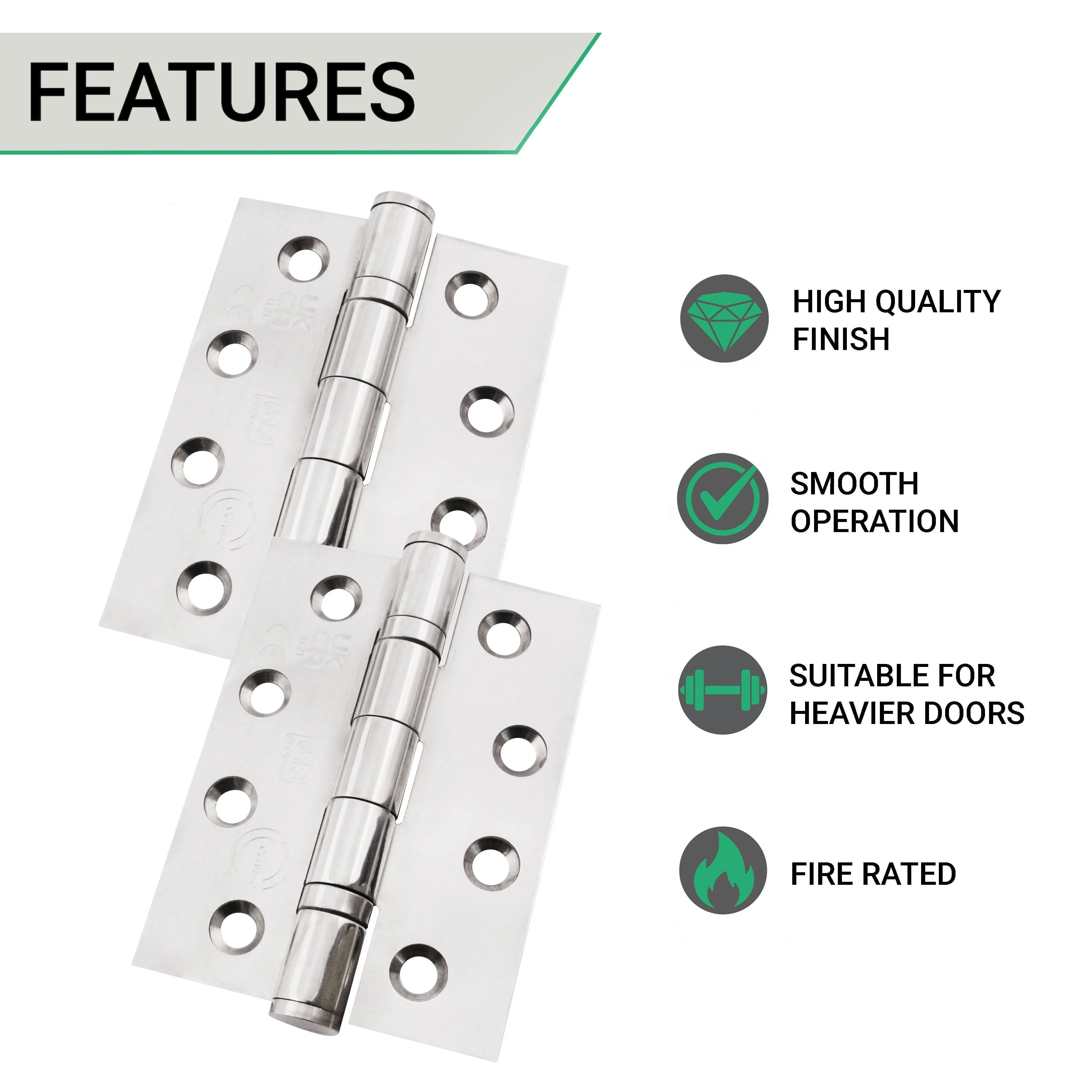 Polished Stainless Fire Door Hinges - 4 Inch/102mm - Grade 13 Steel Ball Bearing - Pack 2 - Image 3