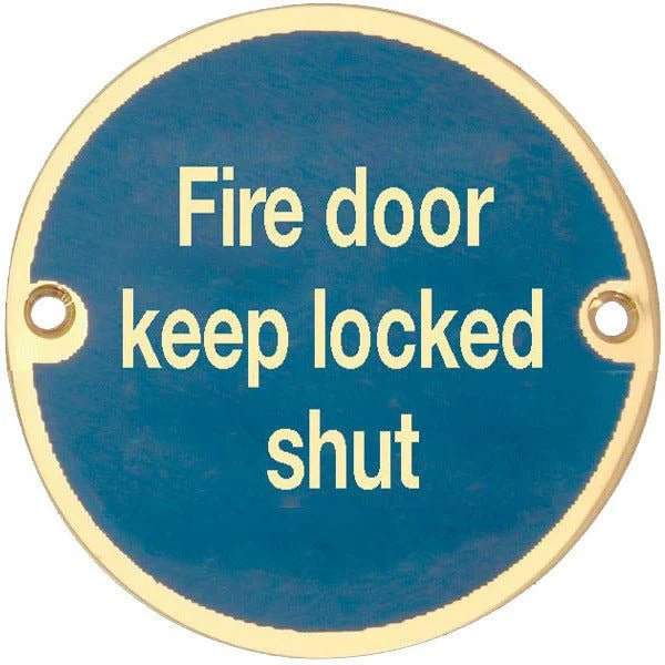 Fire Door Keep Locked Shut Sign - 76mm - Polished Brass
