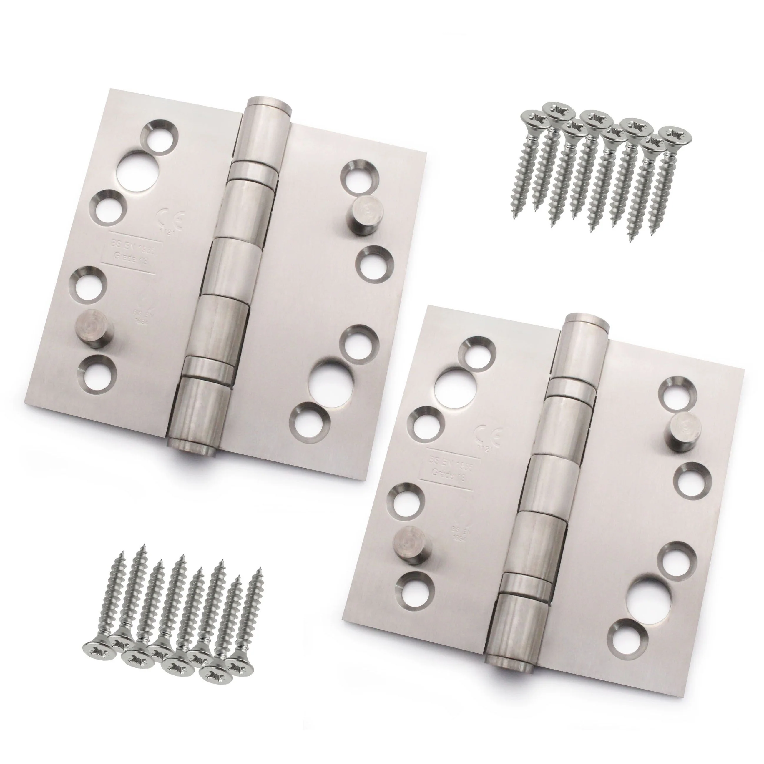 Fire Door Security Pin Hinges 4" Stainless Steel Grade 13  - 102x102x3mm - Square - Satin - Pair = 2 Hinges - Including Screws - Image 2