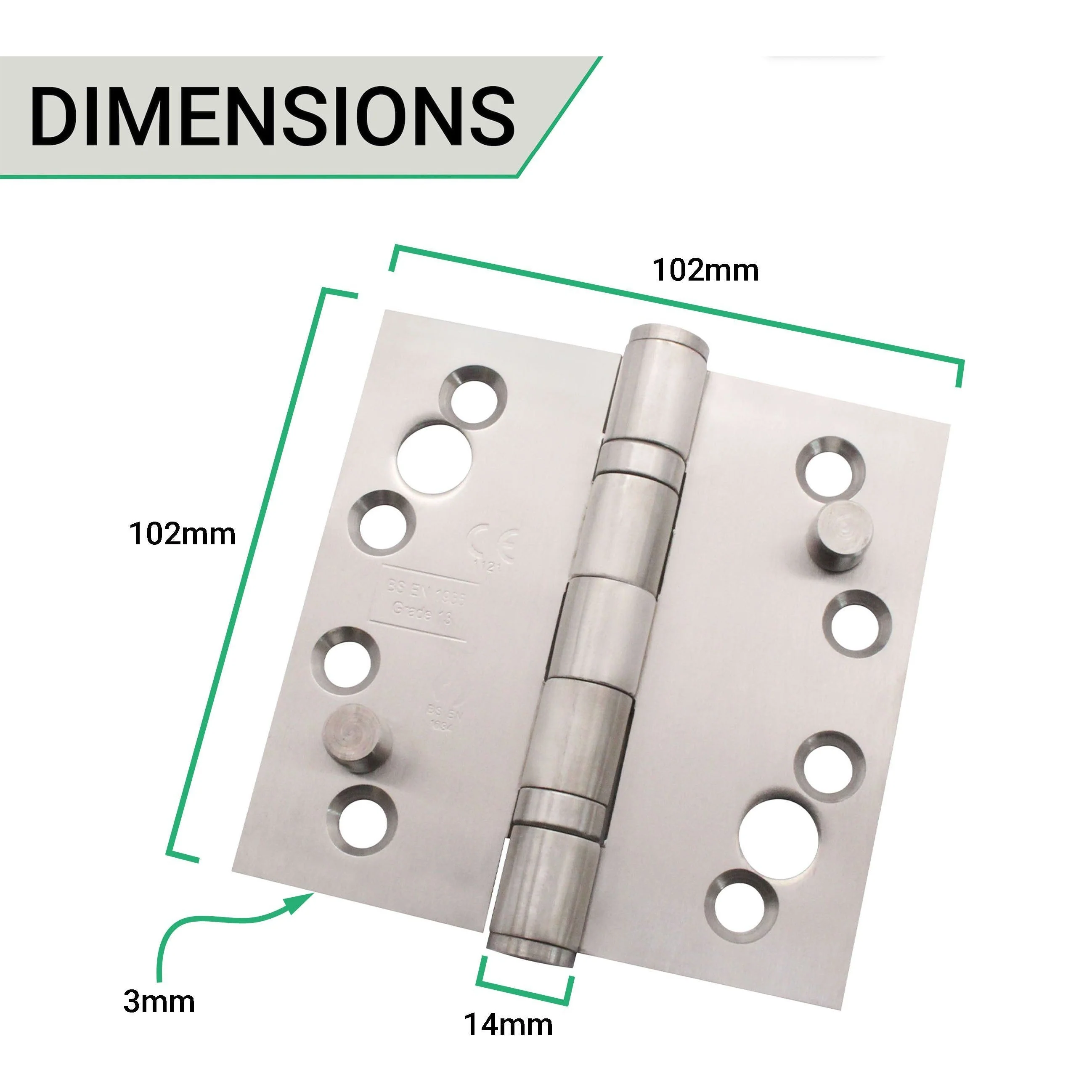 Fire Door Security Pin Hinges 4" Stainless Steel Grade 13  - 102x102x3mm - Square - Satin - Pair = 2 Hinges - Including Screws - Image 5