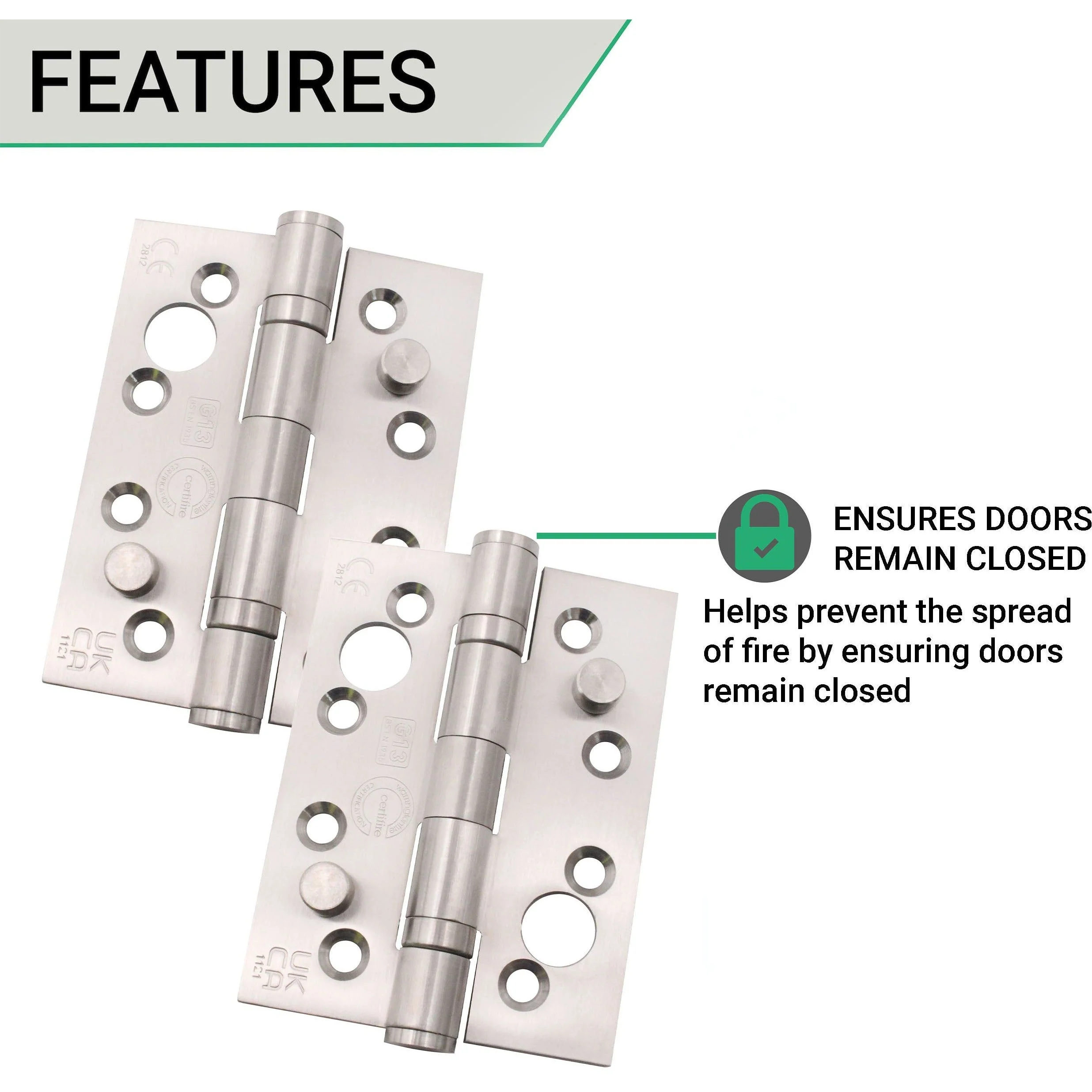 Fire Door Security Pin Hinges 4" Stainless Steel Grade 13 - 102x76x3mm - Square - Satin - Pair - Including Screws - Image 4