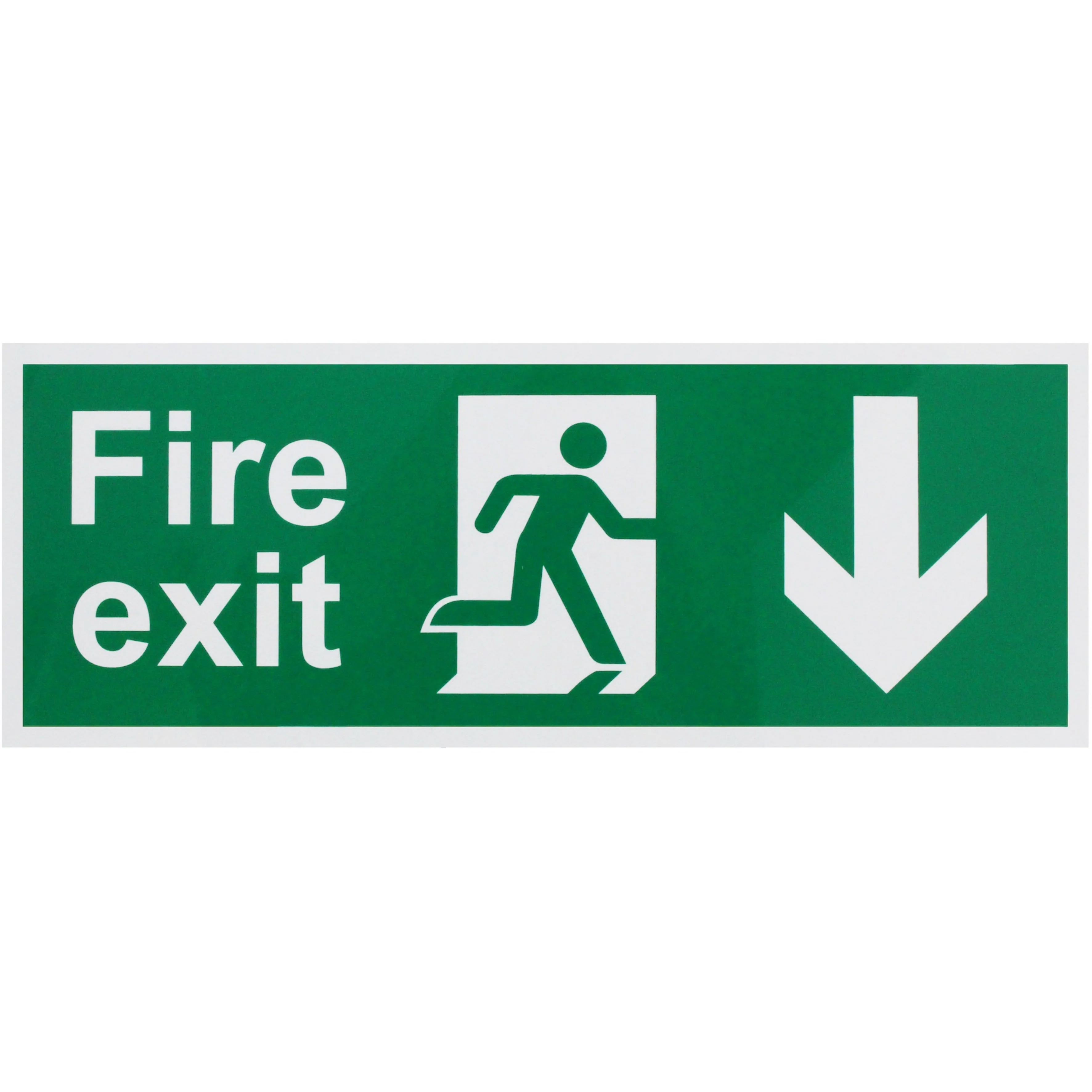 Fire Exit Sign Arrow Man DOWN 400x150mm Self Adh Semi Rigid PVC