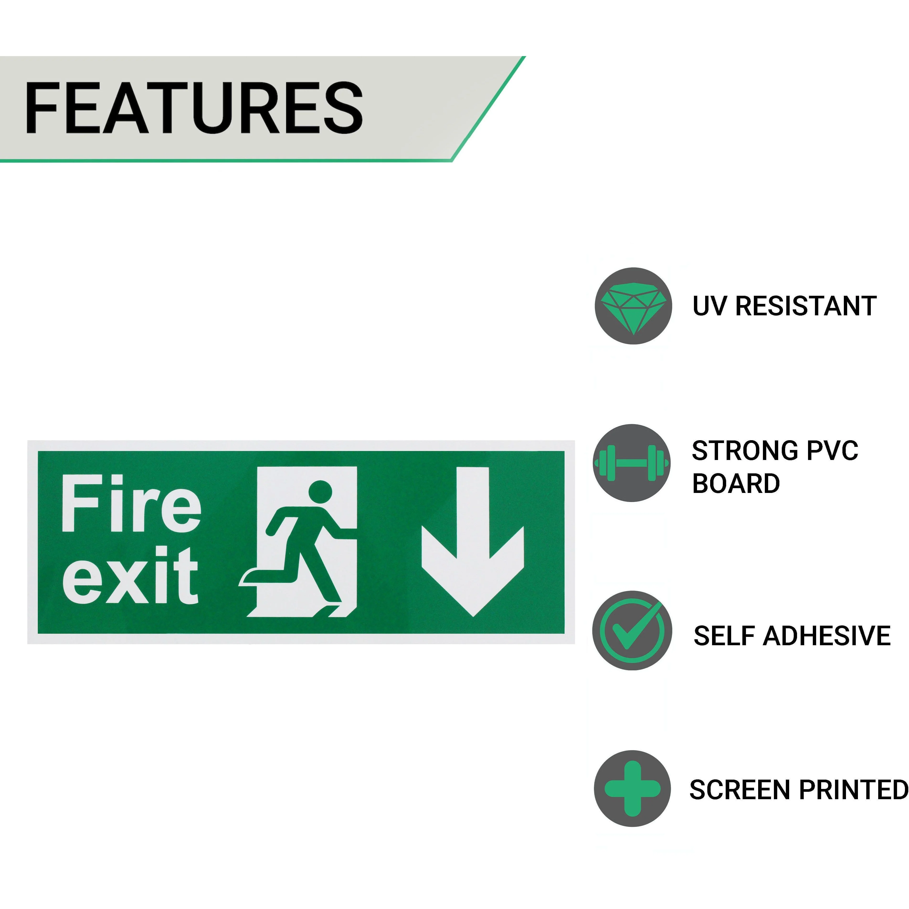 Fire Exit Sign Arrow Man DOWN 400x150mm Self Adh Semi Rigid PVC - Image 2