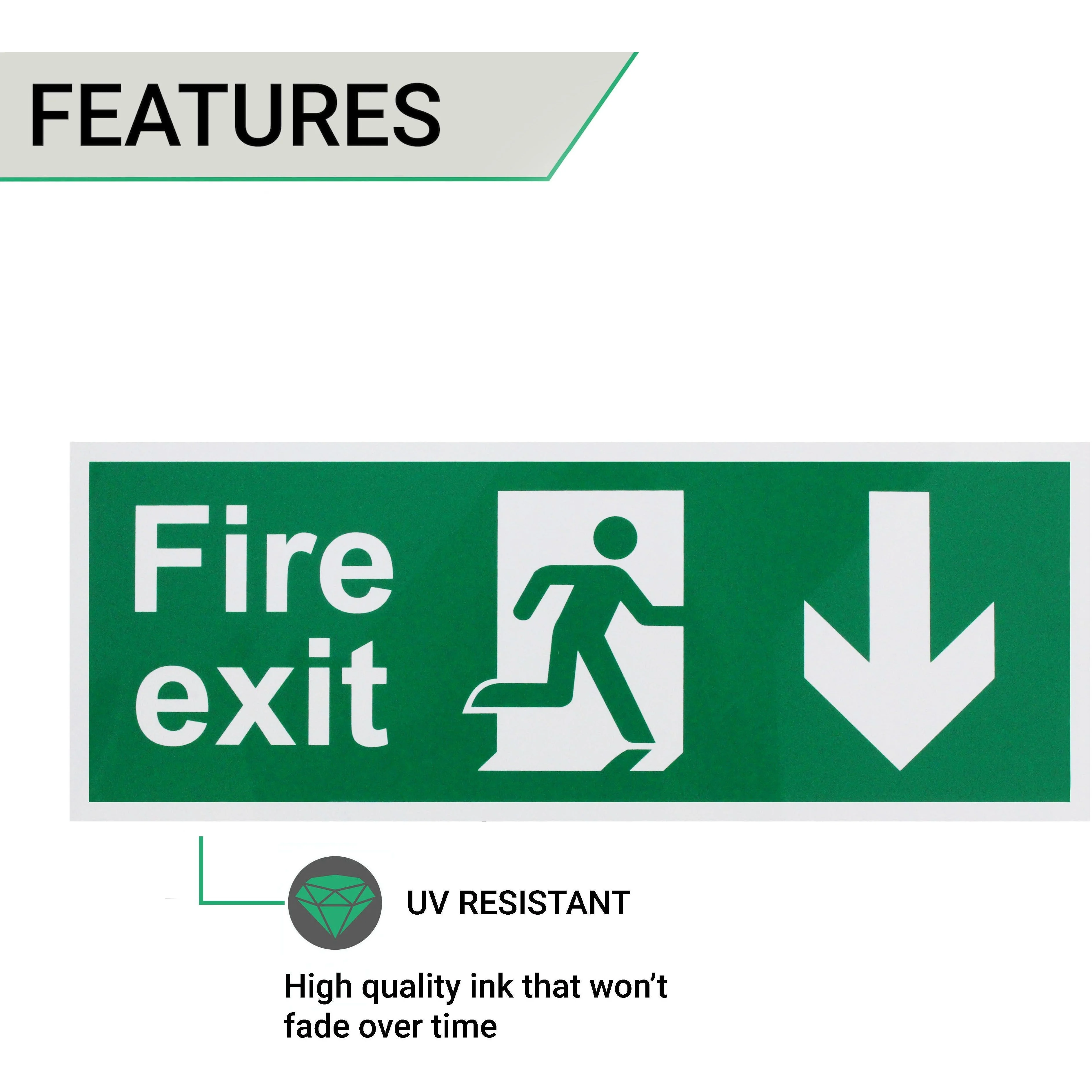 Fire Exit Sign Arrow Man DOWN 400x150mm Self Adh Semi Rigid PVC - Image 3