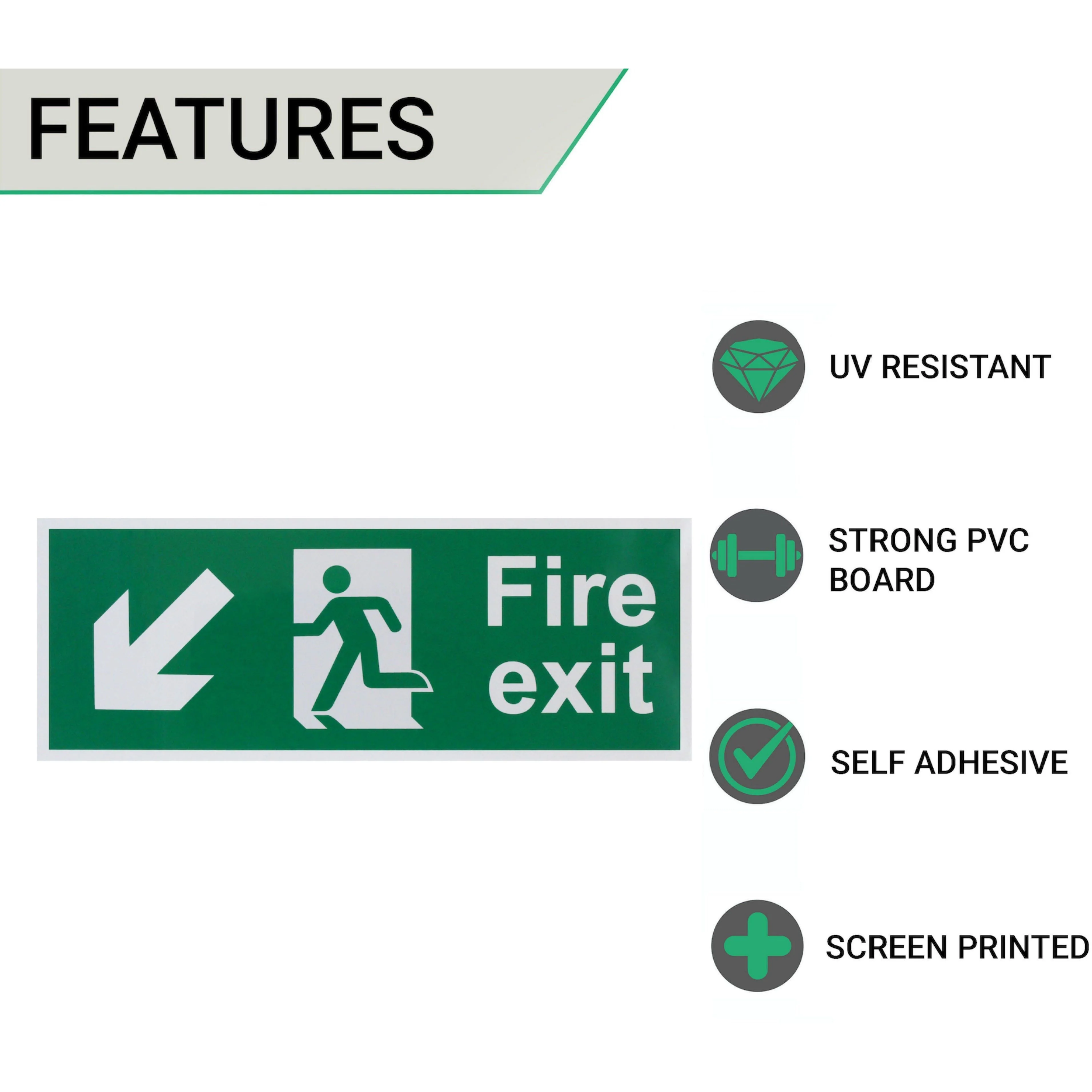 Fire Exit Sign Arrow Man Down Left 400x150mm Self Adh Semi Rigid PVC - Image 2