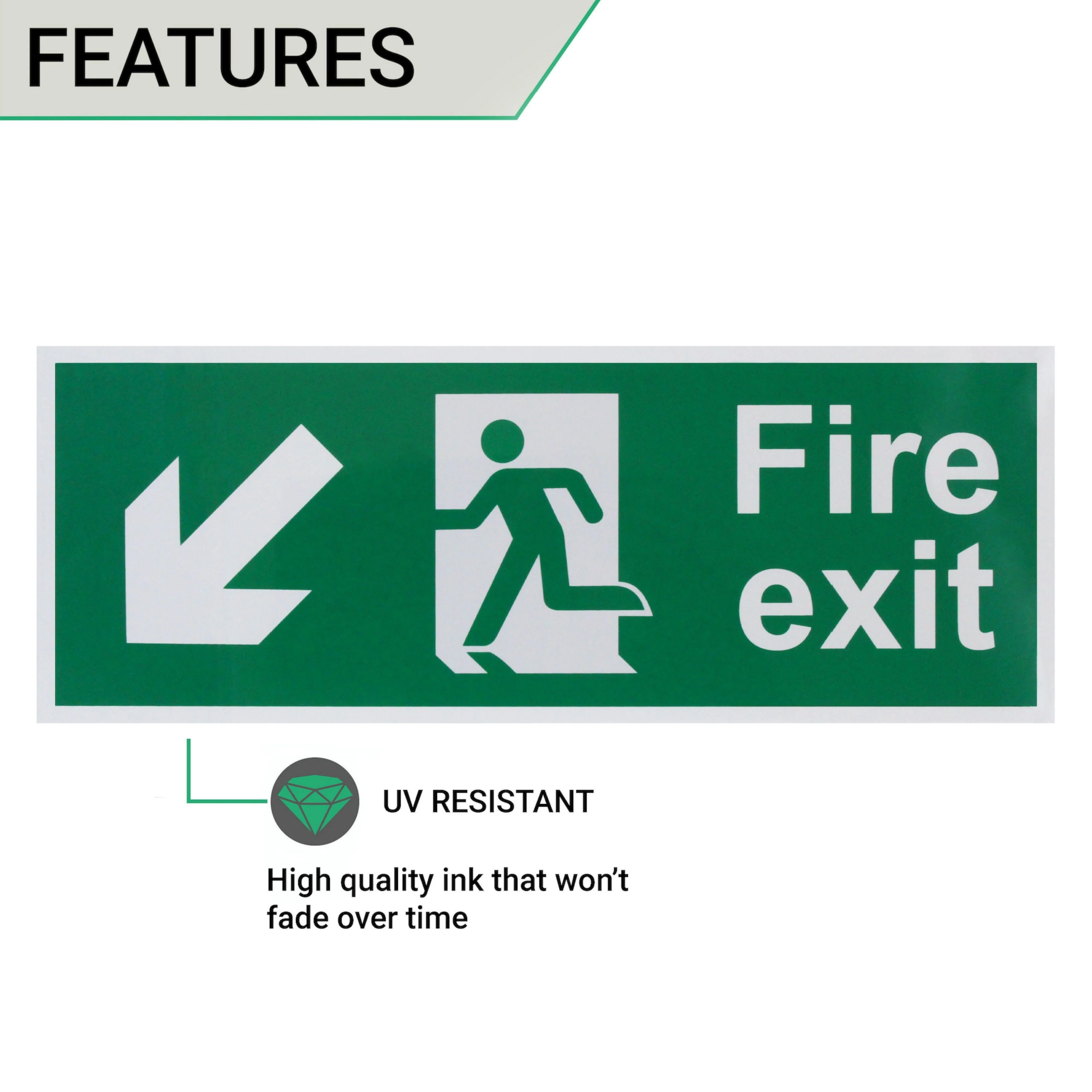 Fire Exit Sign Arrow Man Down Left 400x150mm Self Adh Semi Rigid PVC - Image 3